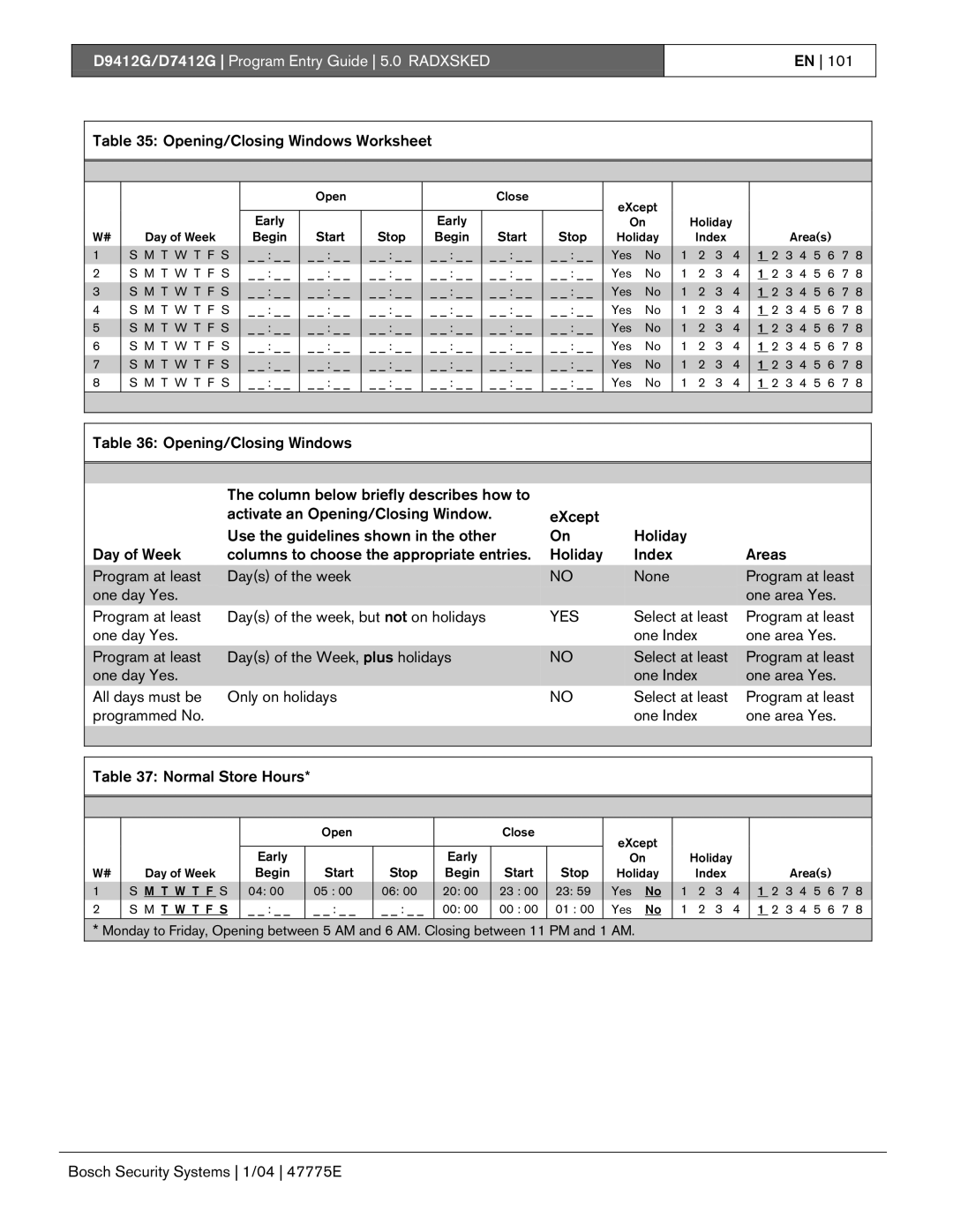 Bosch Appliances D7412G, D9412G manual Opening/Closing Windows Worksheet 