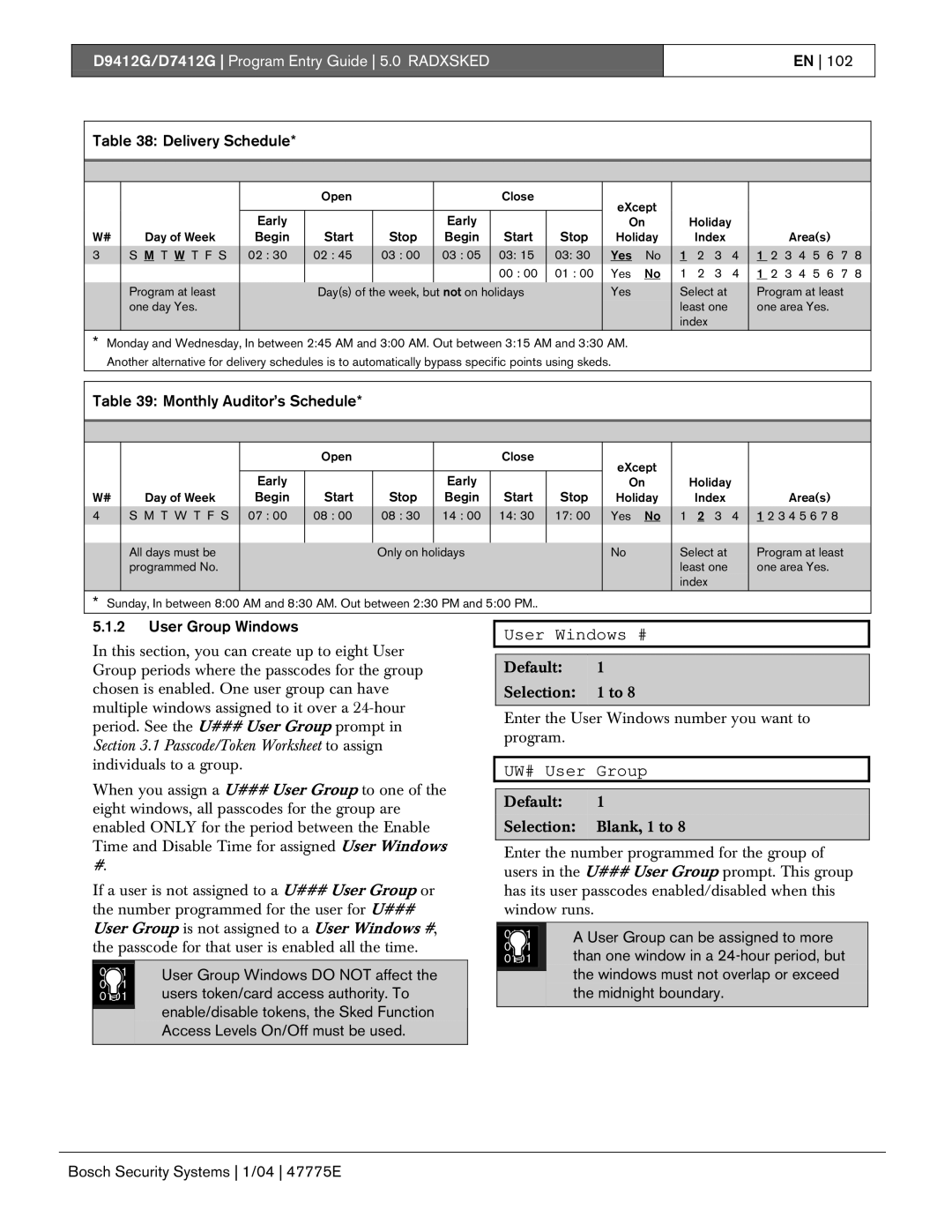 Bosch Appliances D9412G, D7412G manual User Windows #, UW# User Group 