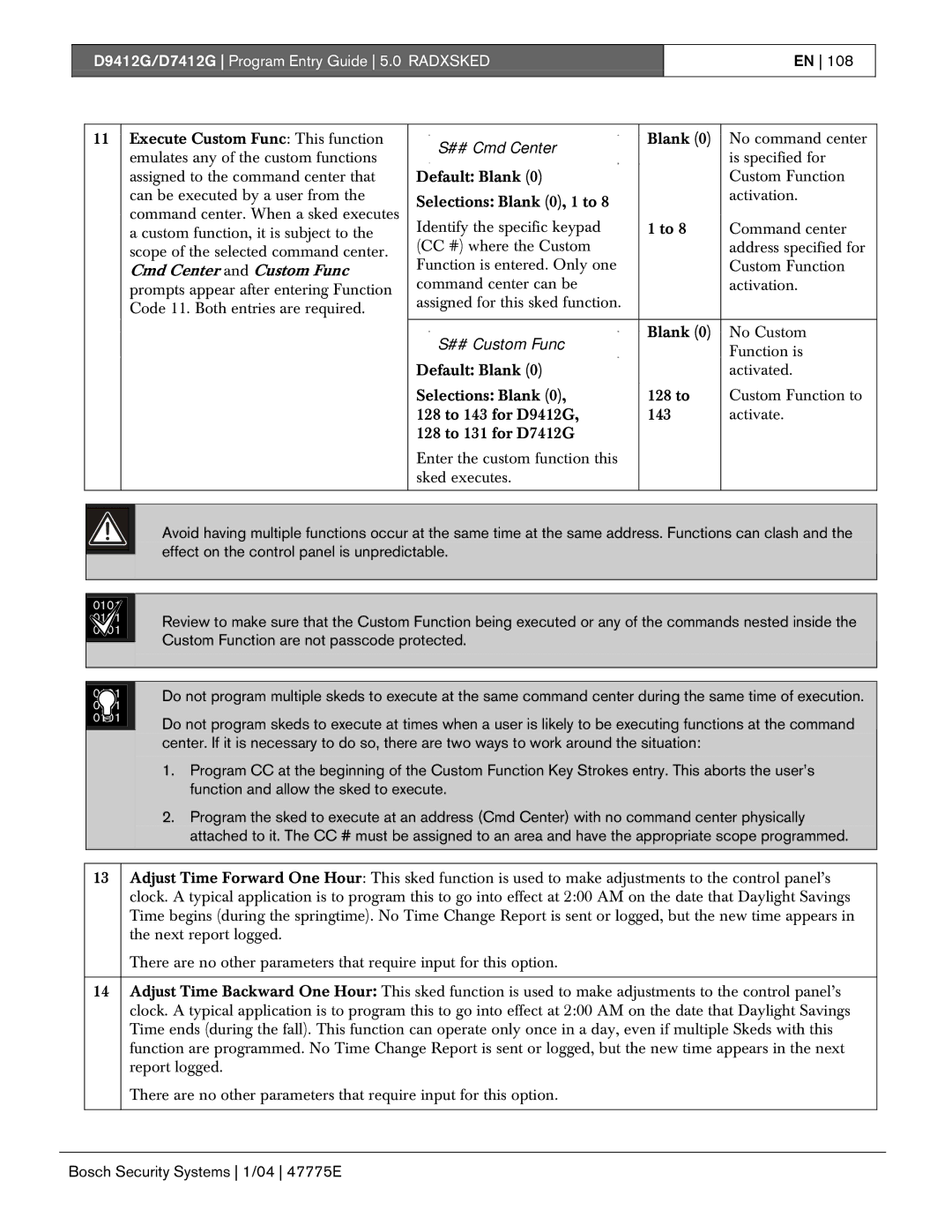 Bosch Appliances D9412G, D7412G manual ## Cmd Center, Cmd Center and Custom Func, ## Custom Func 