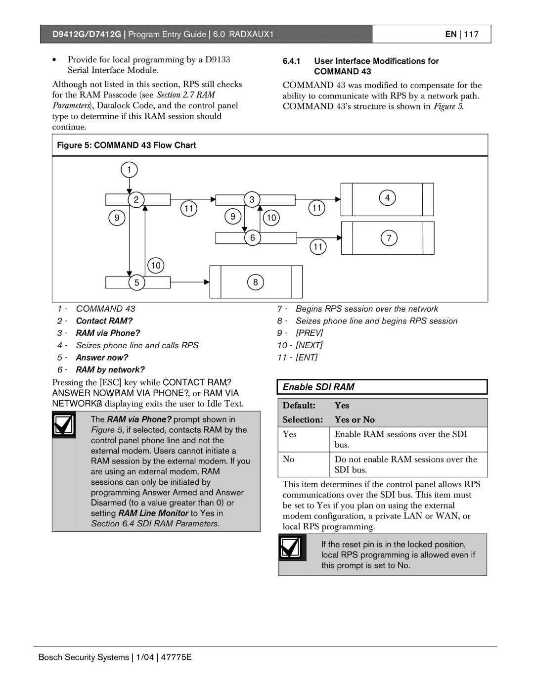 Bosch Appliances D7412G Enable SDI RAM, User Interface Modifications for Command, Begins RPS session over the network 