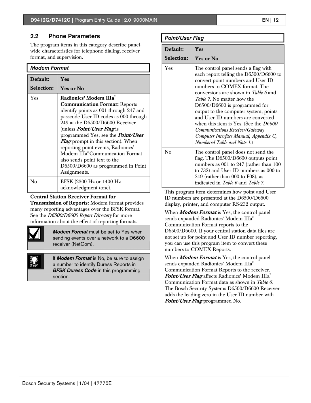 Bosch Appliances D9412G, D7412G manual Phone Parameters, Modem Format, Point/User Flag 