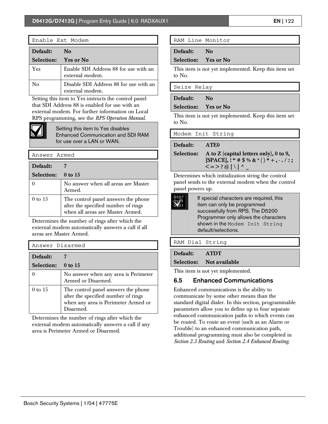 Bosch Appliances D9412G, D7412G Enhanced Communications, Enable Ext Modem, Seize Relay, Modem Init String, RAM Dial String 