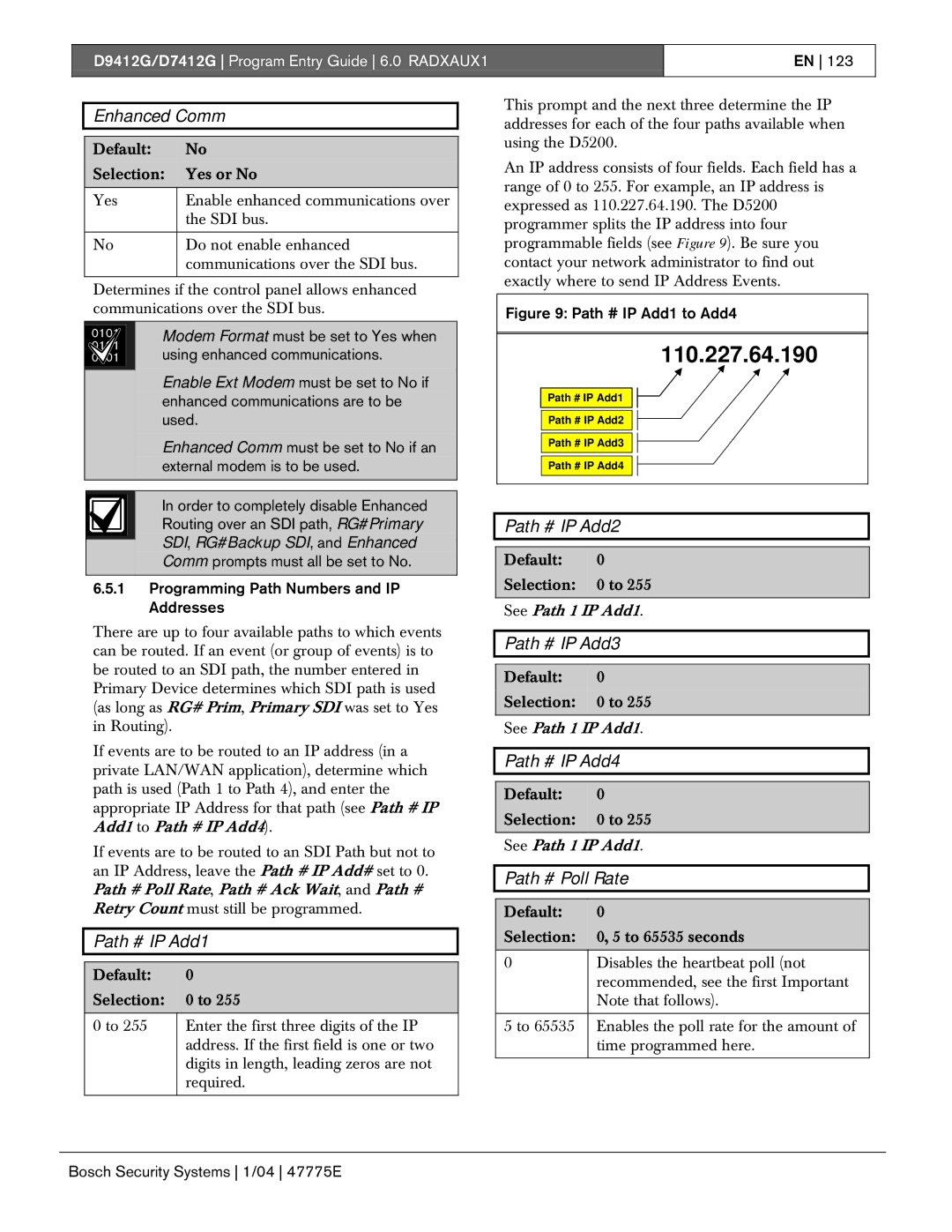 Bosch Appliances D7412G Enhanced Comm, Path # IP Add1, Path # IP Add2, Path # IP Add3, Path # IP Add4, Path # Poll Rate 