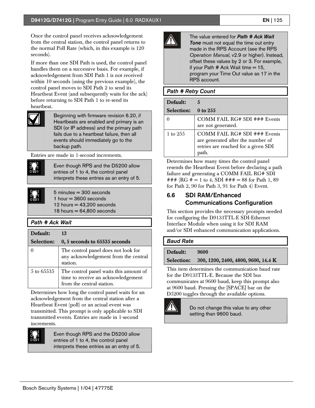 Bosch Appliances D7412G, D9412G manual SDI RAM/Enhanced Communications Configuration, Path # Ack Wait, Path # Retry Count 