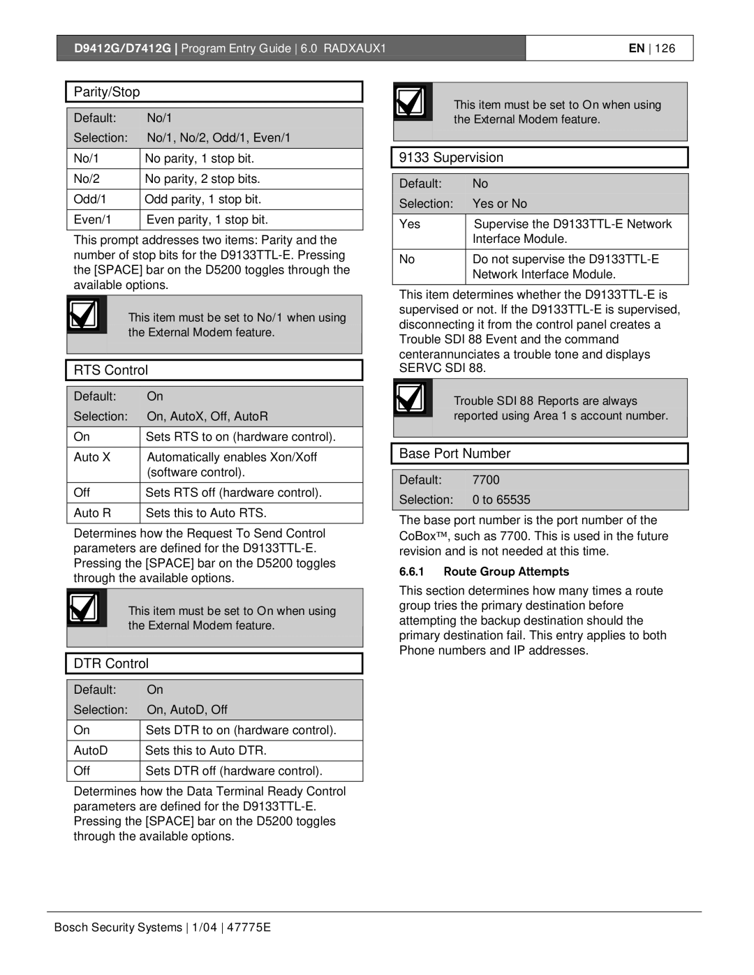 Bosch Appliances D9412G, D7412G manual Base Port Number, Route Group Attempts 