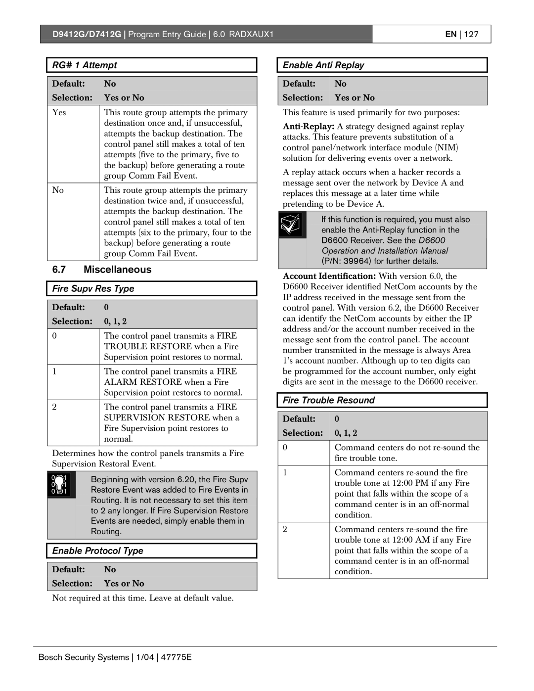 Bosch Appliances D7412G RG# 1 Attempt, Fire Supv Res Type, Enable Protocol Type, Enable Anti Replay, Fire Trouble Resound 