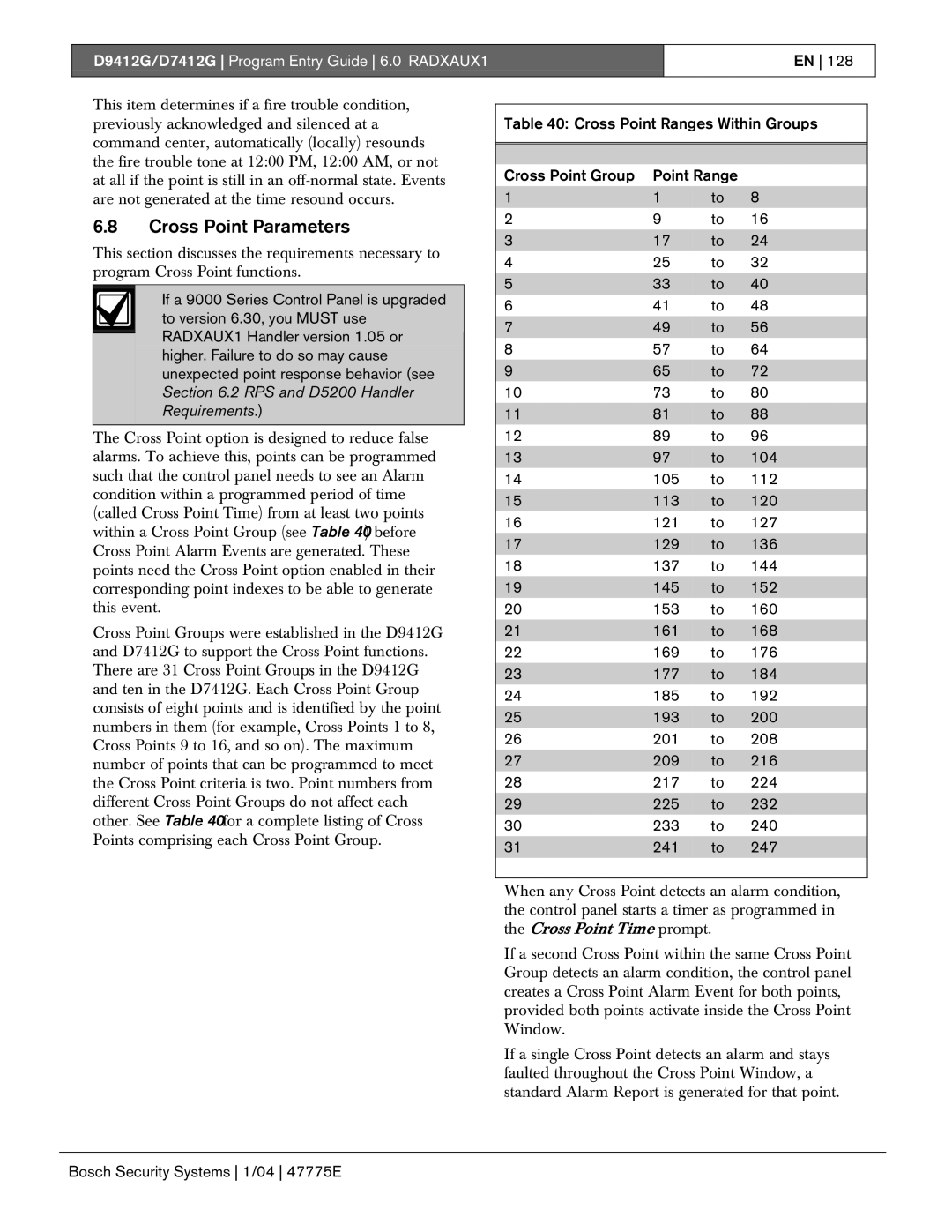 Bosch Appliances D9412G, D7412G manual Cross Point Parameters 