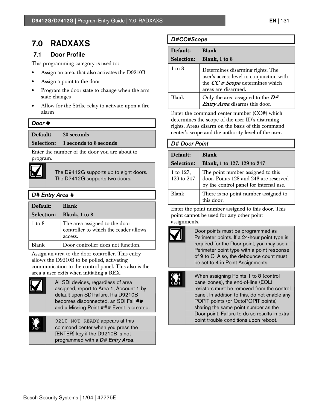 Bosch Appliances D7412G, D9412G manual Door Profile, Door #, # Entry Area #, #CC#Scope, # Door Point 