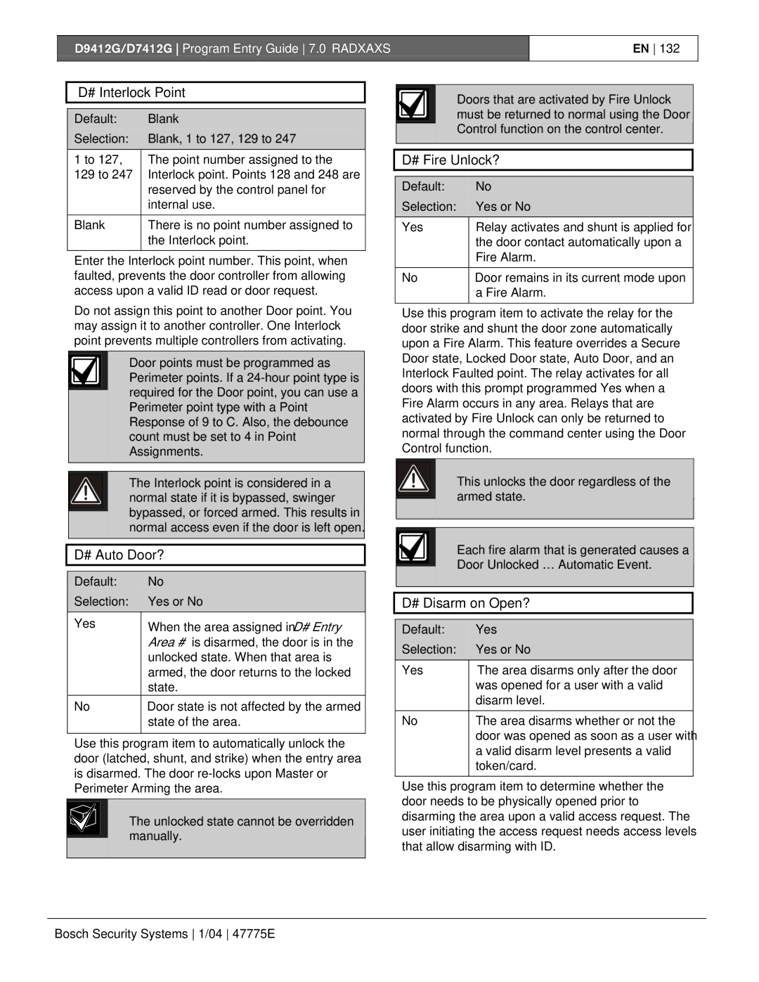 Bosch Appliances D9412G, D7412G manual # Interlock Point, # Auto Door?, # Fire Unlock?, # Disarm on Open? 