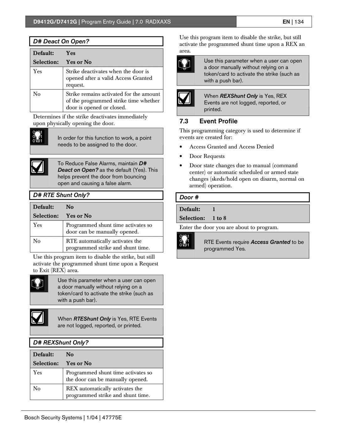 Bosch Appliances D9412G, D7412G manual Event Profile, # Deact On Open?, # RTE Shunt Only?, # REXShunt Only?, Programmed Yes 