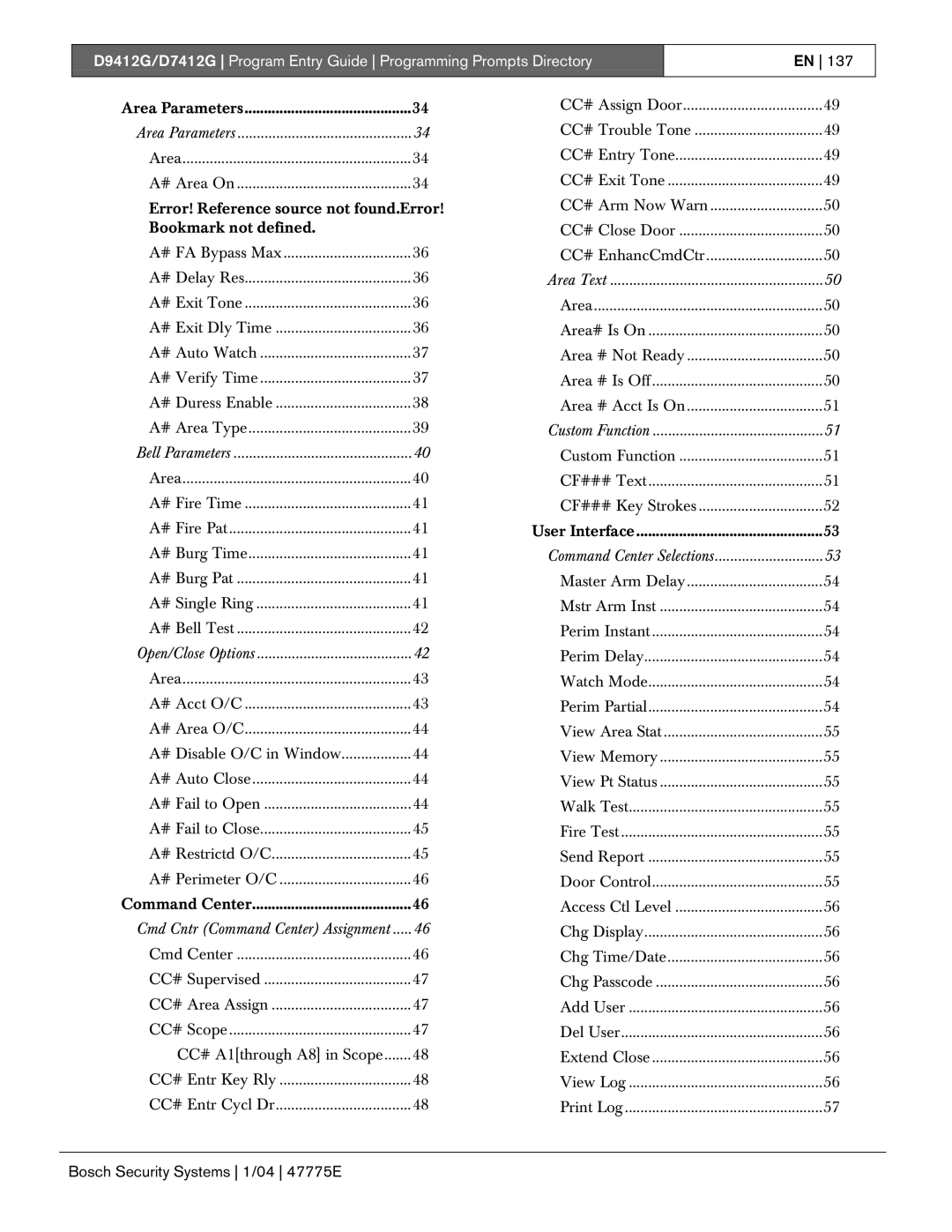 Bosch Appliances D7412G, D9412G Area Parameters, Bell Parameters, Open/Close Options, Cmd Cntr Command Center Assignment 