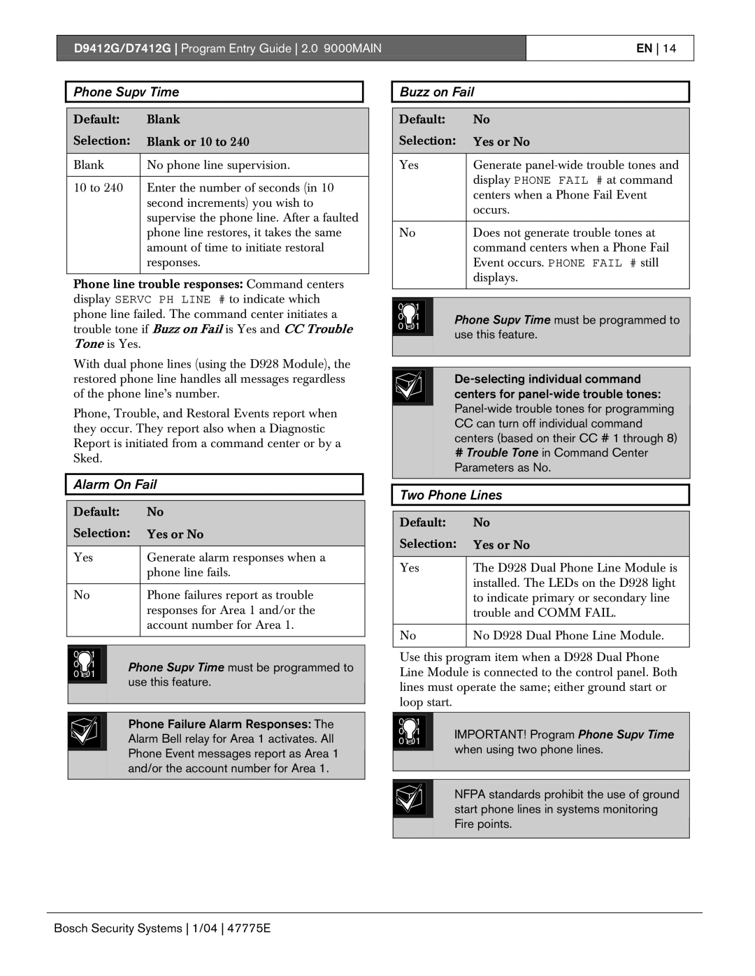 Bosch Appliances D9412G, D7412G manual Phone Supv Time, Alarm On Fail, Buzz on Fail, Two Phone Lines, Use this feature 