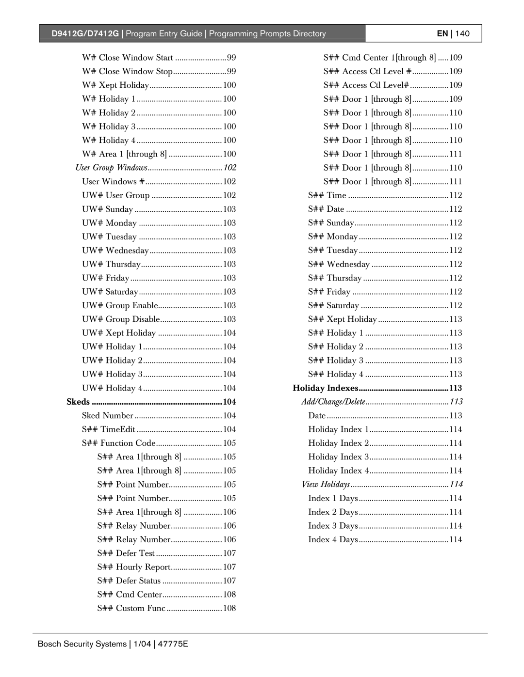 Bosch Appliances D9412G, D7412G manual User Group Windows 102, Add/Change/Delete 113, View Holidays 114 