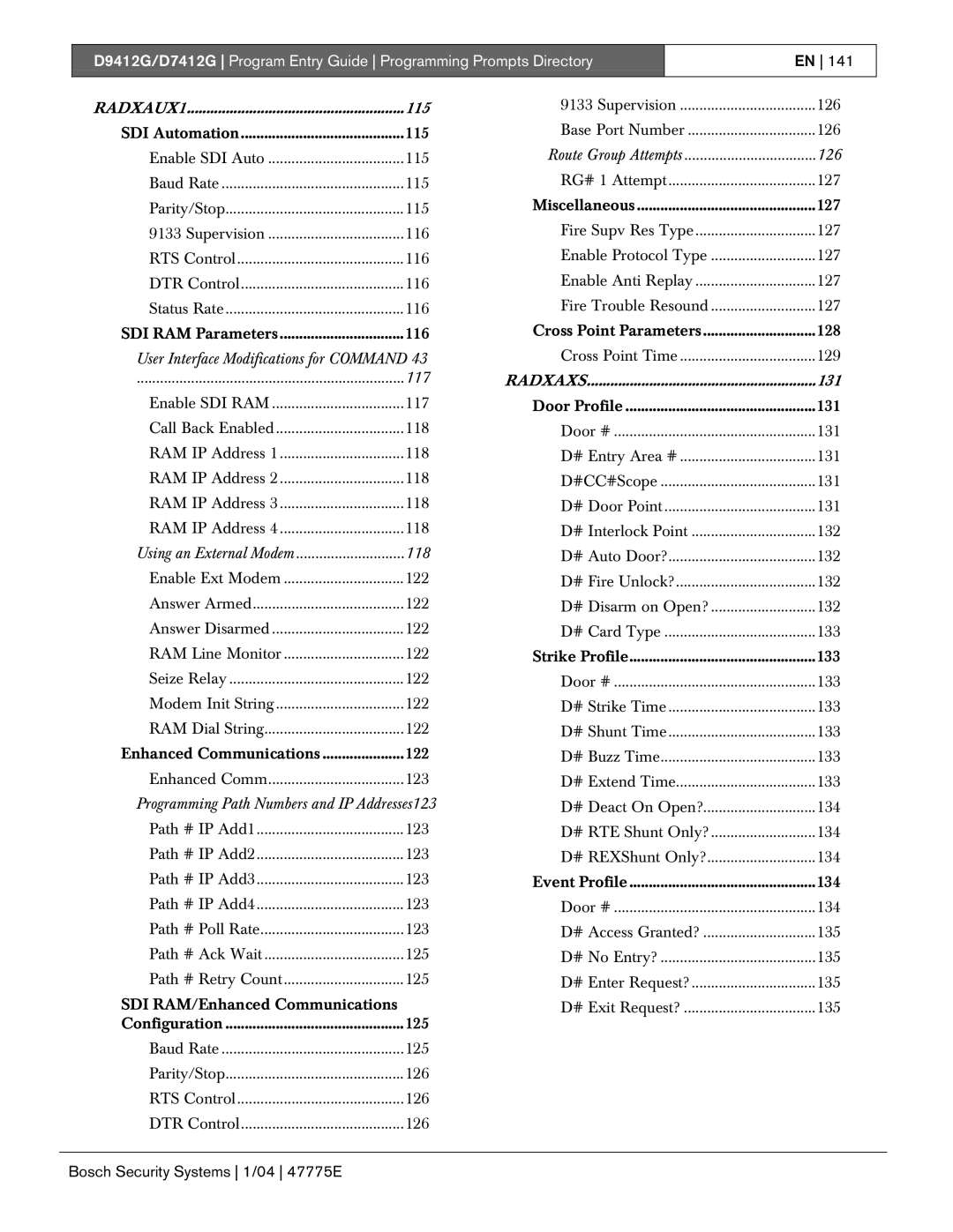 Bosch Appliances D7412G, D9412G manual 115, 117, Route Group Attempts 126, 131 