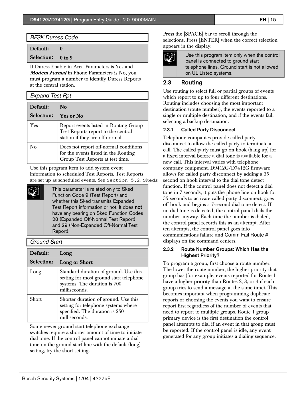 Bosch Appliances D7412G, D9412G manual Routing, Bfsk Duress Code, Expand Test Rpt, Ground Start 