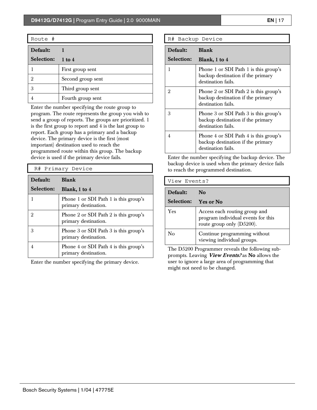 Bosch Appliances D7412G, D9412G manual Route #, # Primary Device, # Backup Device, View Events? 