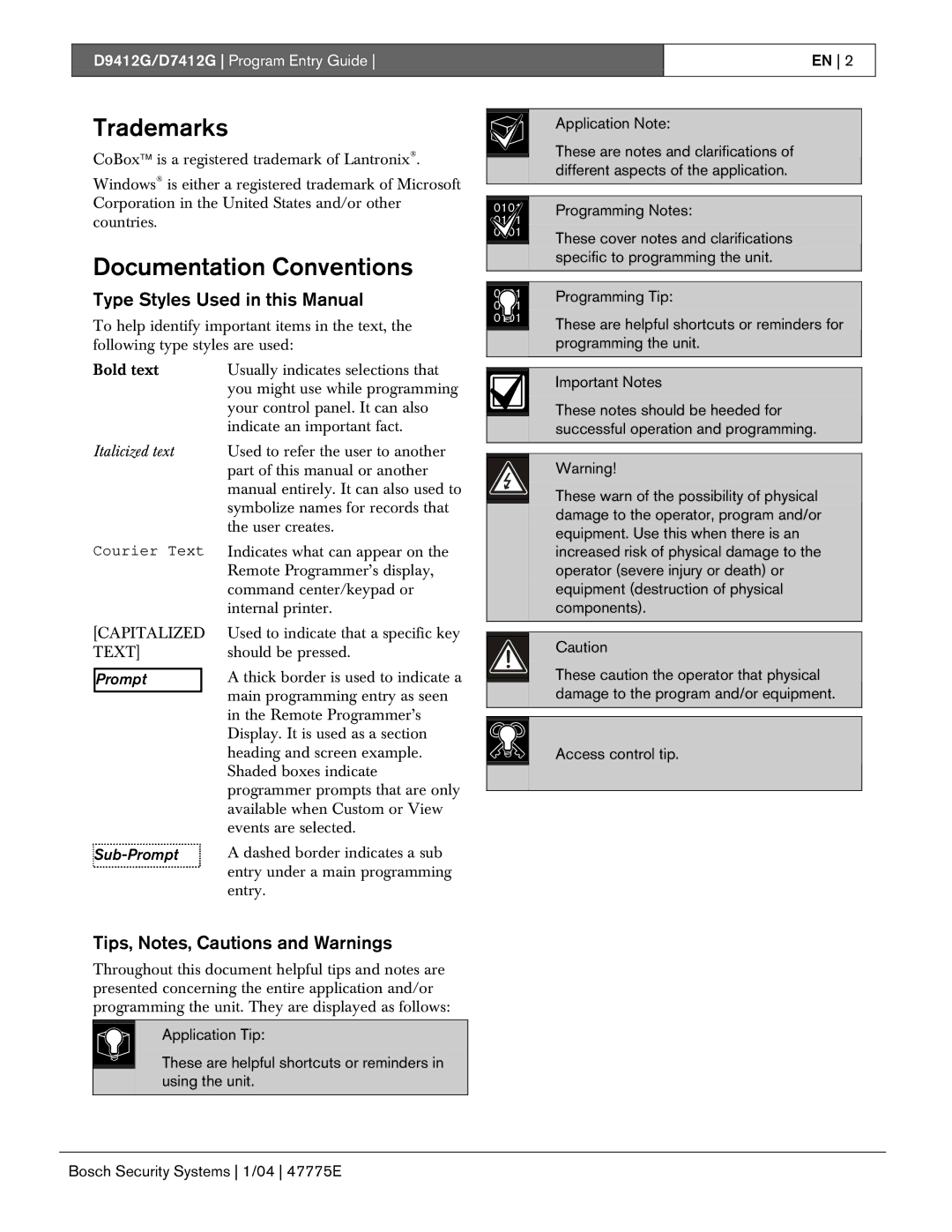 Bosch Appliances D9412G, D7412G manual Type Styles Used in this Manual, Tips, Notes, Cautions and Warnings, Sub-Prompt 