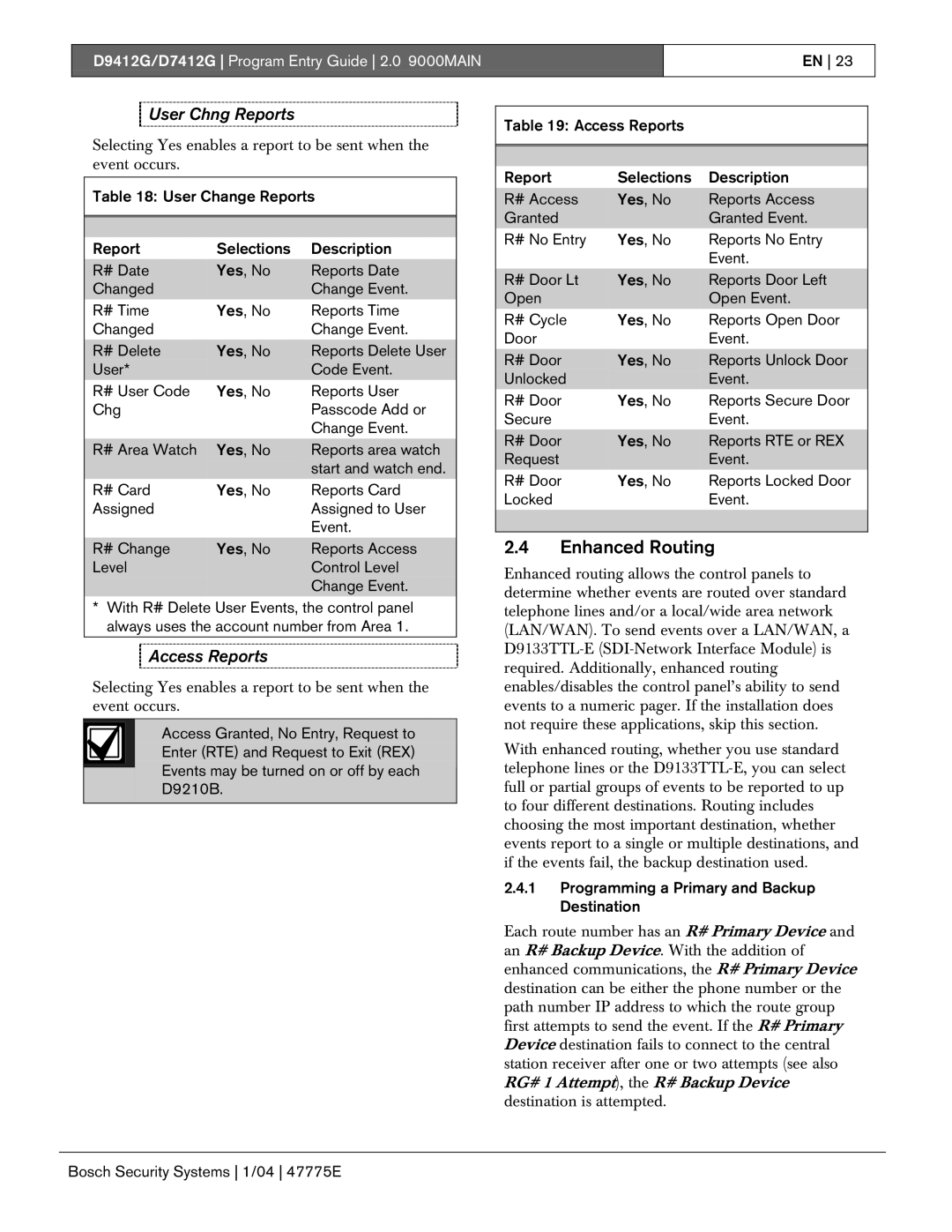 Bosch Appliances D7412G, D9412G manual Enhanced Routing, User Chng Reports, Access Reports 