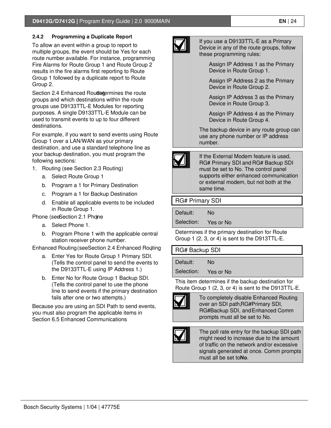 Bosch Appliances D9412G RG# Primary SDI, RG# Backup SDI, Phone see .1 Phone, Enhanced Routing see .4 Enhanced Routing 
