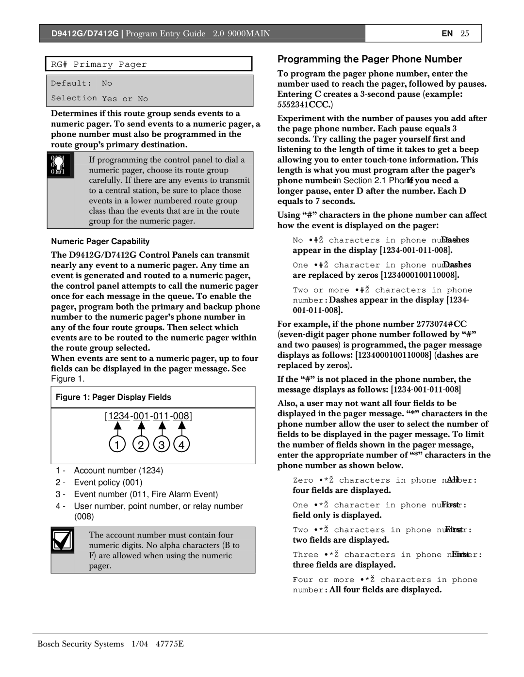 Bosch Appliances D7412G, D9412G manual Programming the Pager Phone Number, RG# Primary Pager 