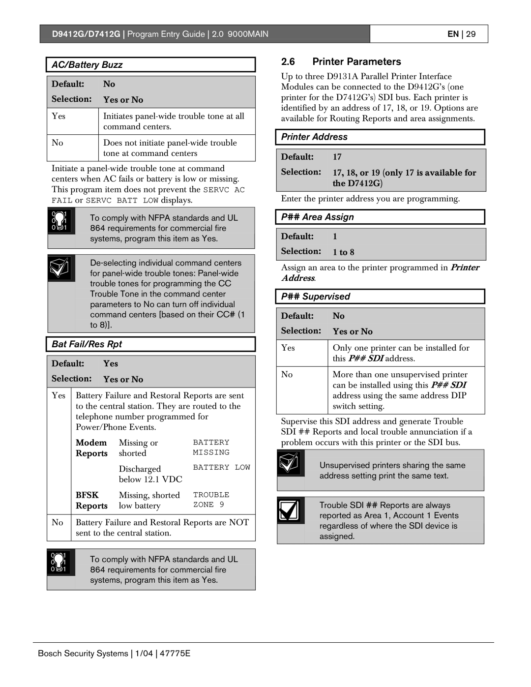 Bosch Appliances D7412G, D9412G manual Printer Parameters 