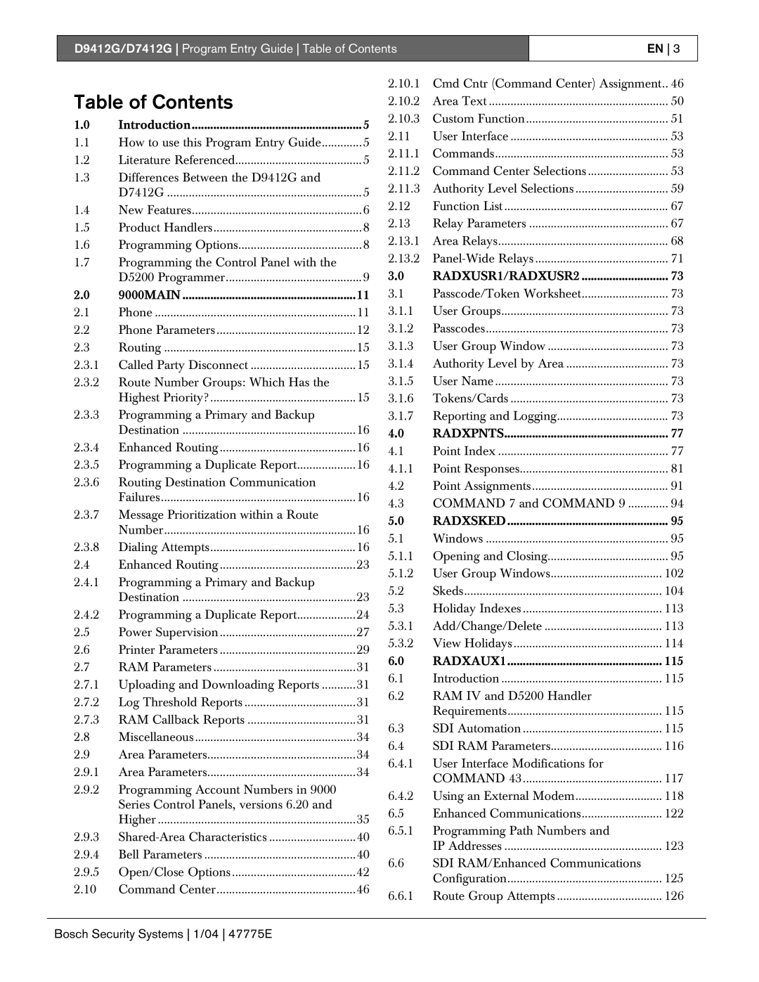 Bosch Appliances D7412G, D9412G manual Table of Contents 