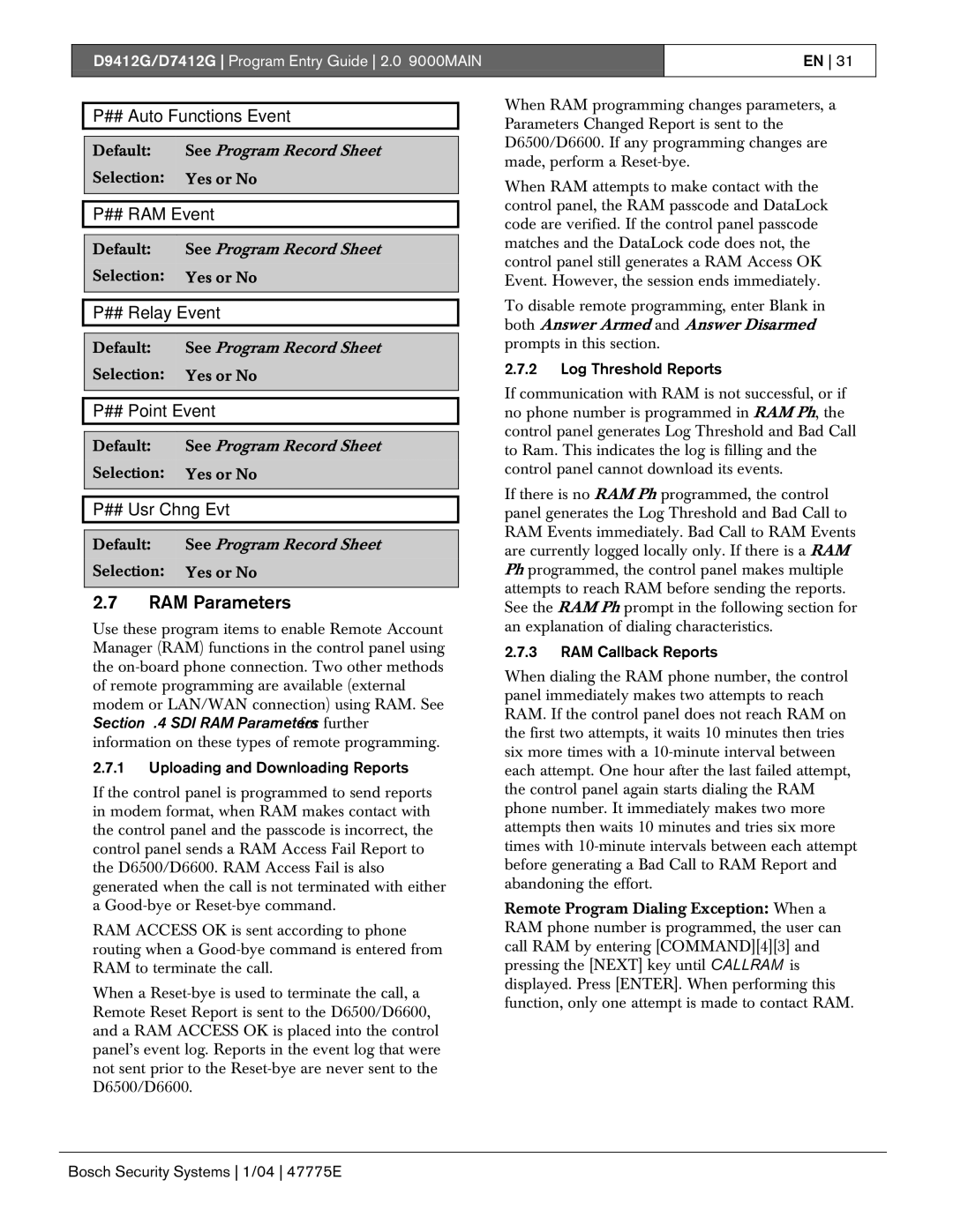 Bosch Appliances D7412G, D9412G manual RAM Parameters 