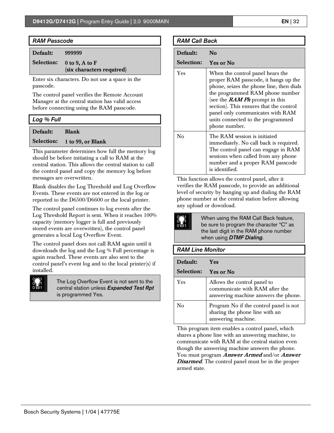 Bosch Appliances D9412G, D7412G manual RAM Passcode, Log % Full, RAM Call Back, RAM Line Monitor 