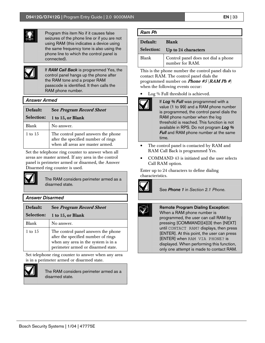 Bosch Appliances D7412G, D9412G manual Answer Armed, Answer Disarmed, Ram Ph, See Phone 1 in .1 Phone 