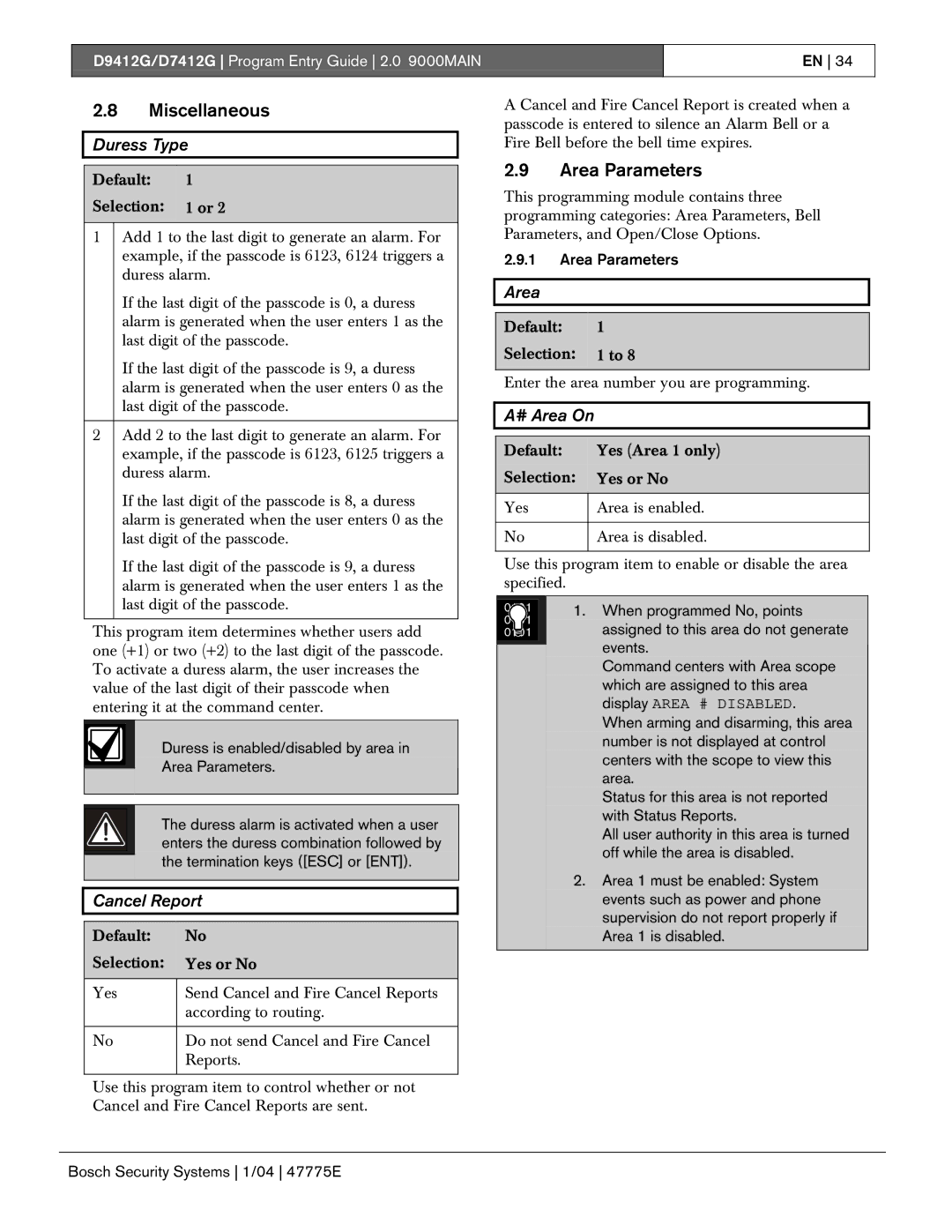 Bosch Appliances D9412G, D7412G manual Miscellaneous, Area Parameters 