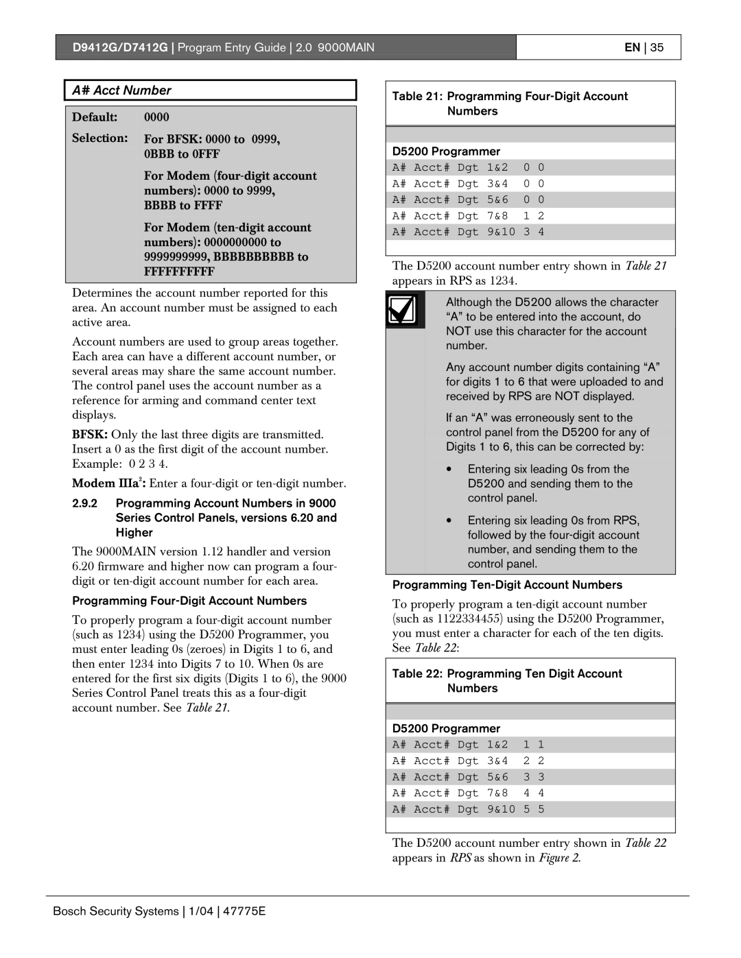 Bosch Appliances D7412G, D9412G manual # Acct Number, Programming Four-Digit Account Numbers 