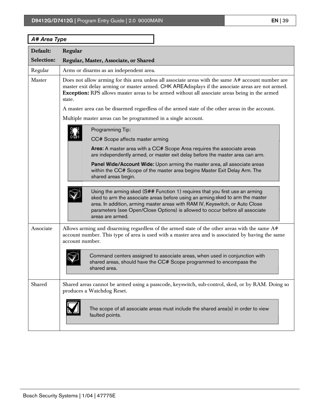 Bosch Appliances D7412G, D9412G manual # Area Type, CC# Scope affects master arming 