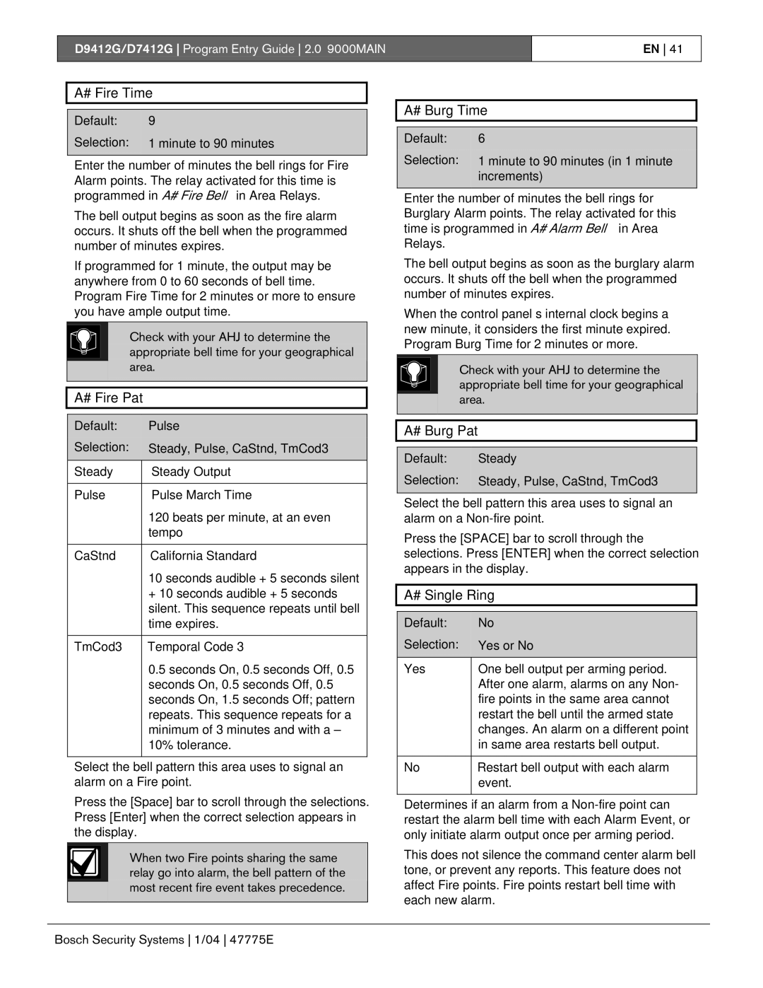 Bosch Appliances D7412G, D9412G manual # Fire Time, # Fire Pat, # Burg Time, # Burg Pat, # Single Ring 