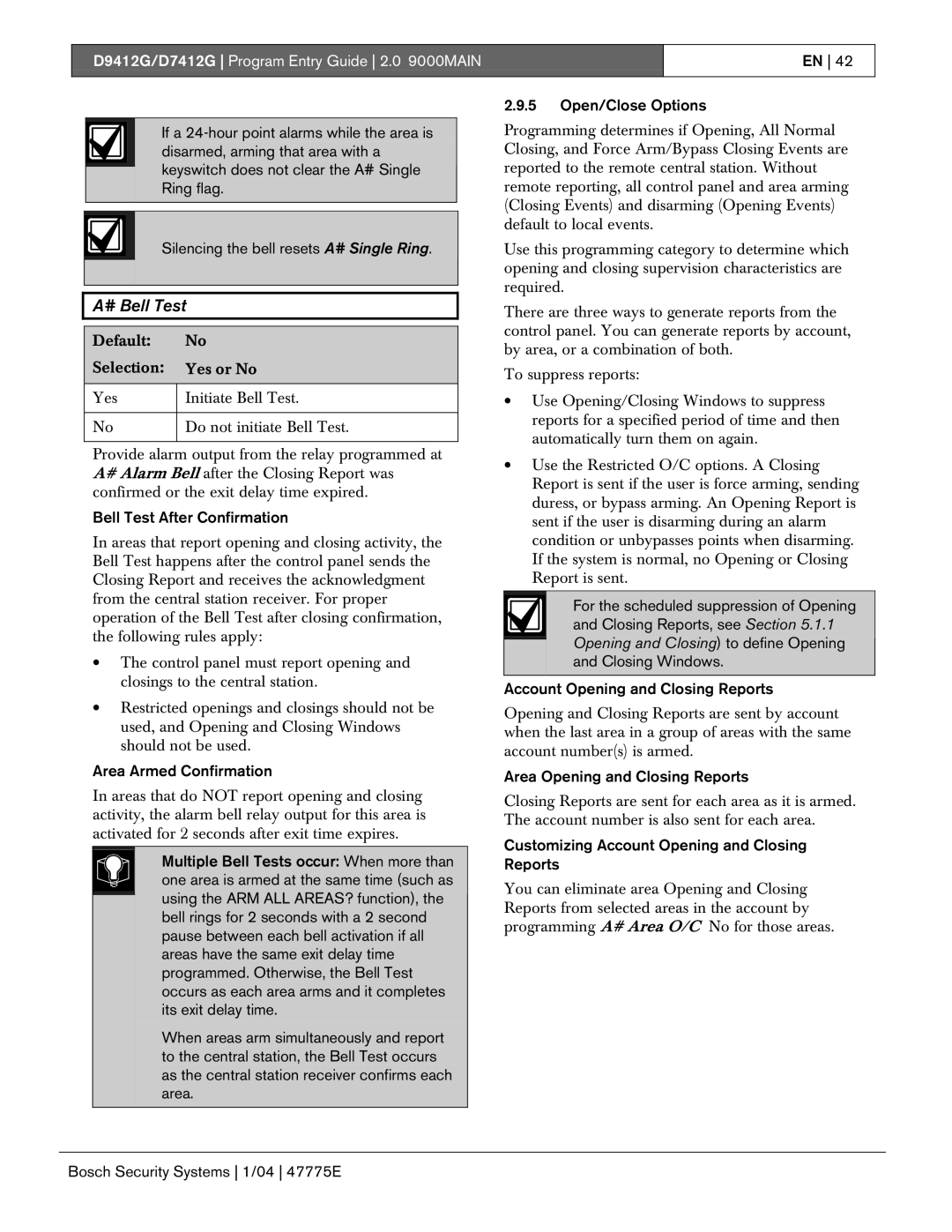 Bosch Appliances D9412G, D7412G manual # Bell Test, Bell Test After Confirmation, Area Armed Confirmation 