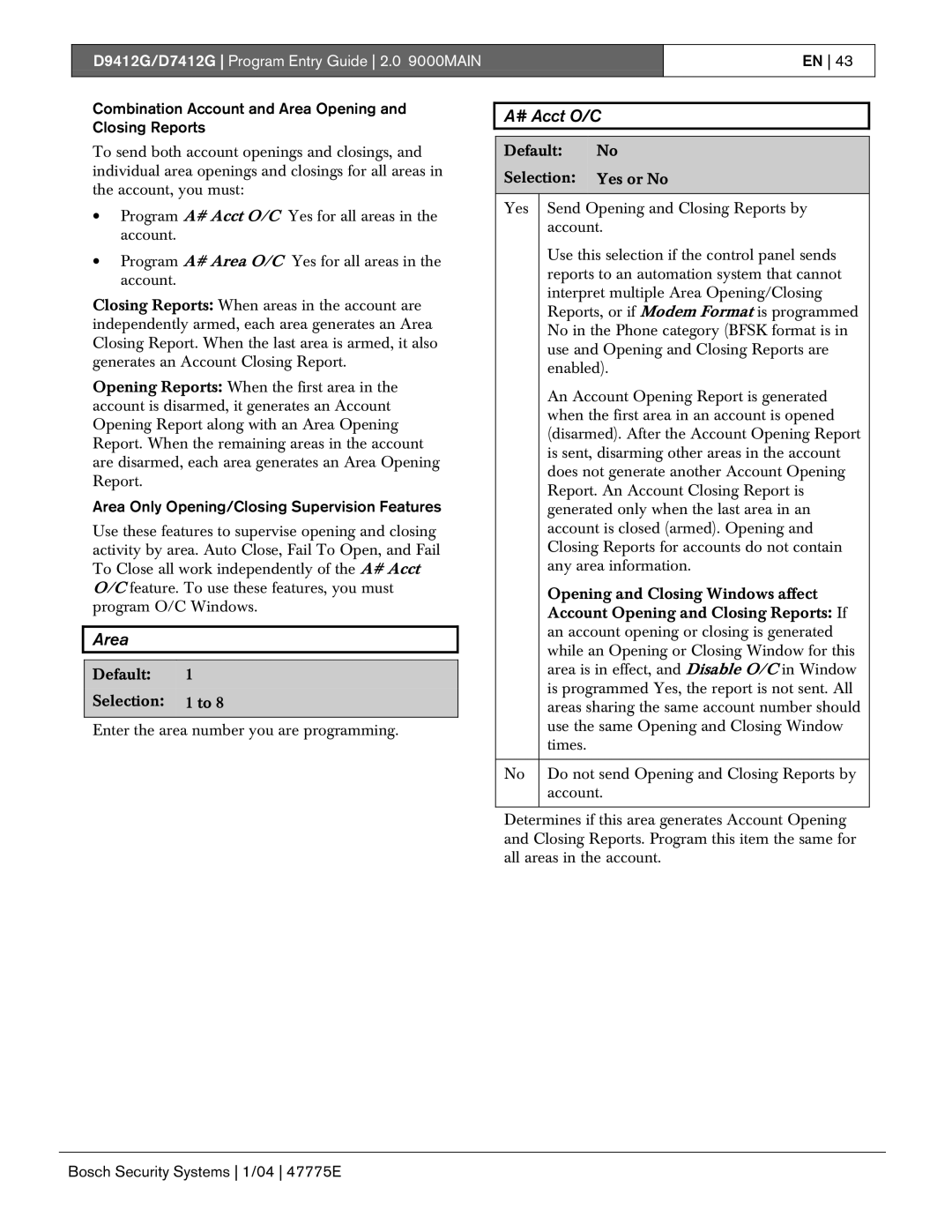 Bosch Appliances D7412G, D9412G manual # Acct O/C, Combination Account and Area Opening and Closing Reports 