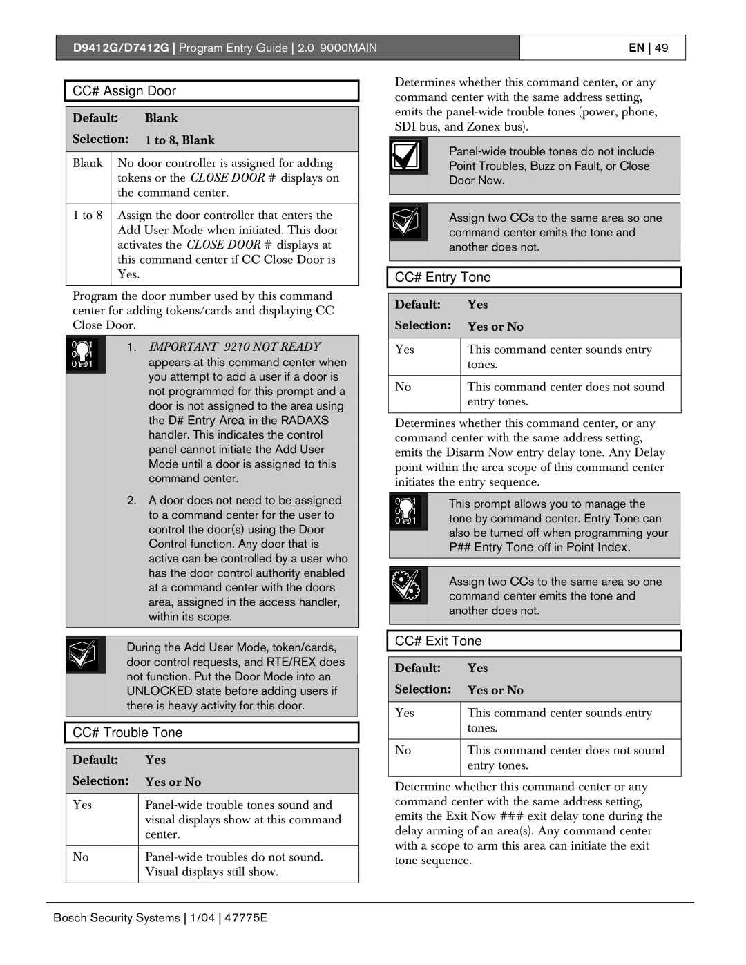 Bosch Appliances D7412G CC# Assign Door, CC# Trouble Tone, CC# Entry Tone, CC# Exit Tone, ## Entry Tone off in Point Index 