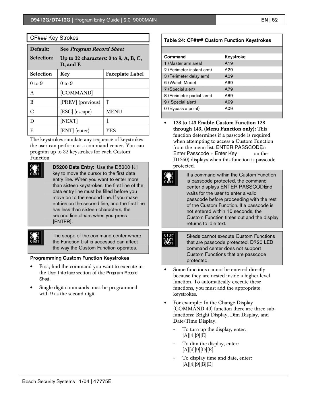 Bosch Appliances D9412G, D7412G manual CF### Key Strokes 