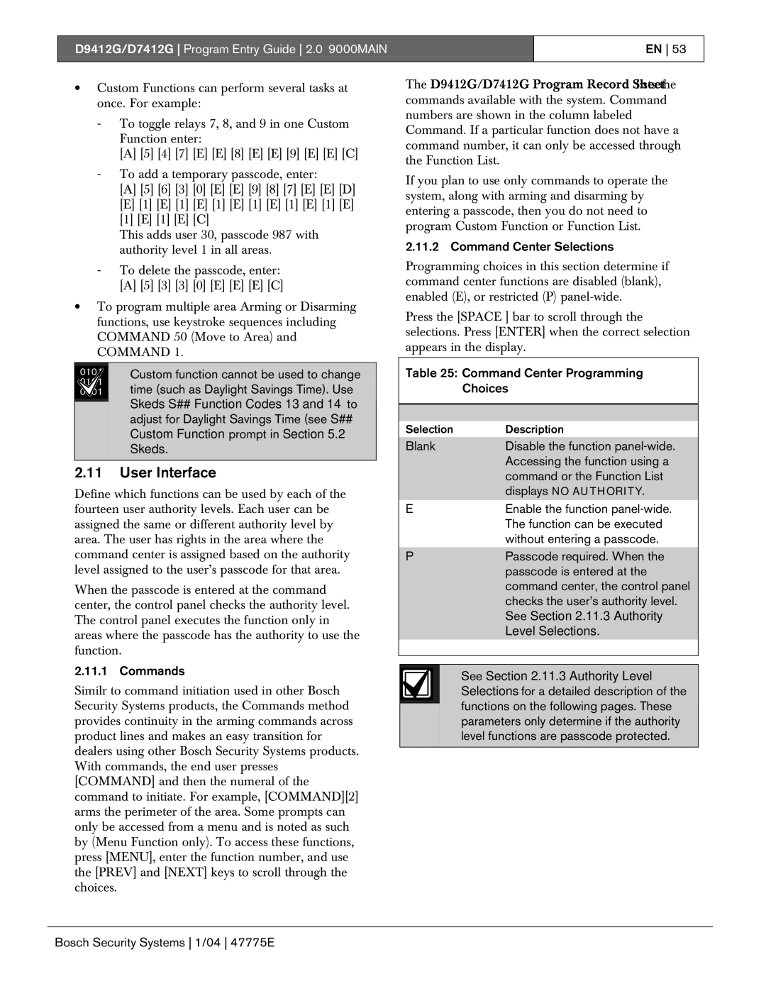 Bosch Appliances D7412G, D9412G User Interface, Commands, Command Center Selections, Command Center Programming Choices 