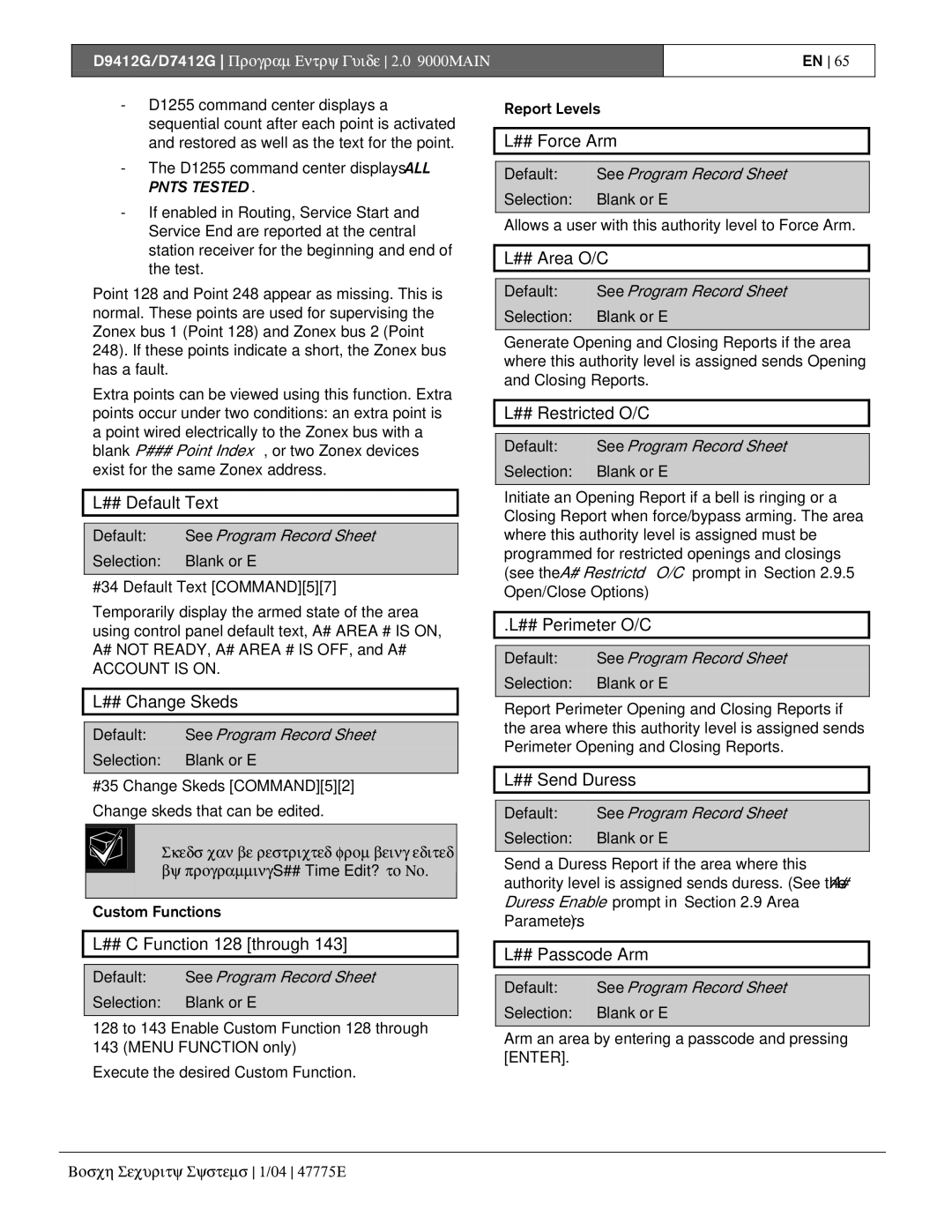 Bosch Appliances D7412G, D9412G ## Default Text, ## Change Skeds, ## C Function 128 through, ## Force Arm, ## Area O/C 