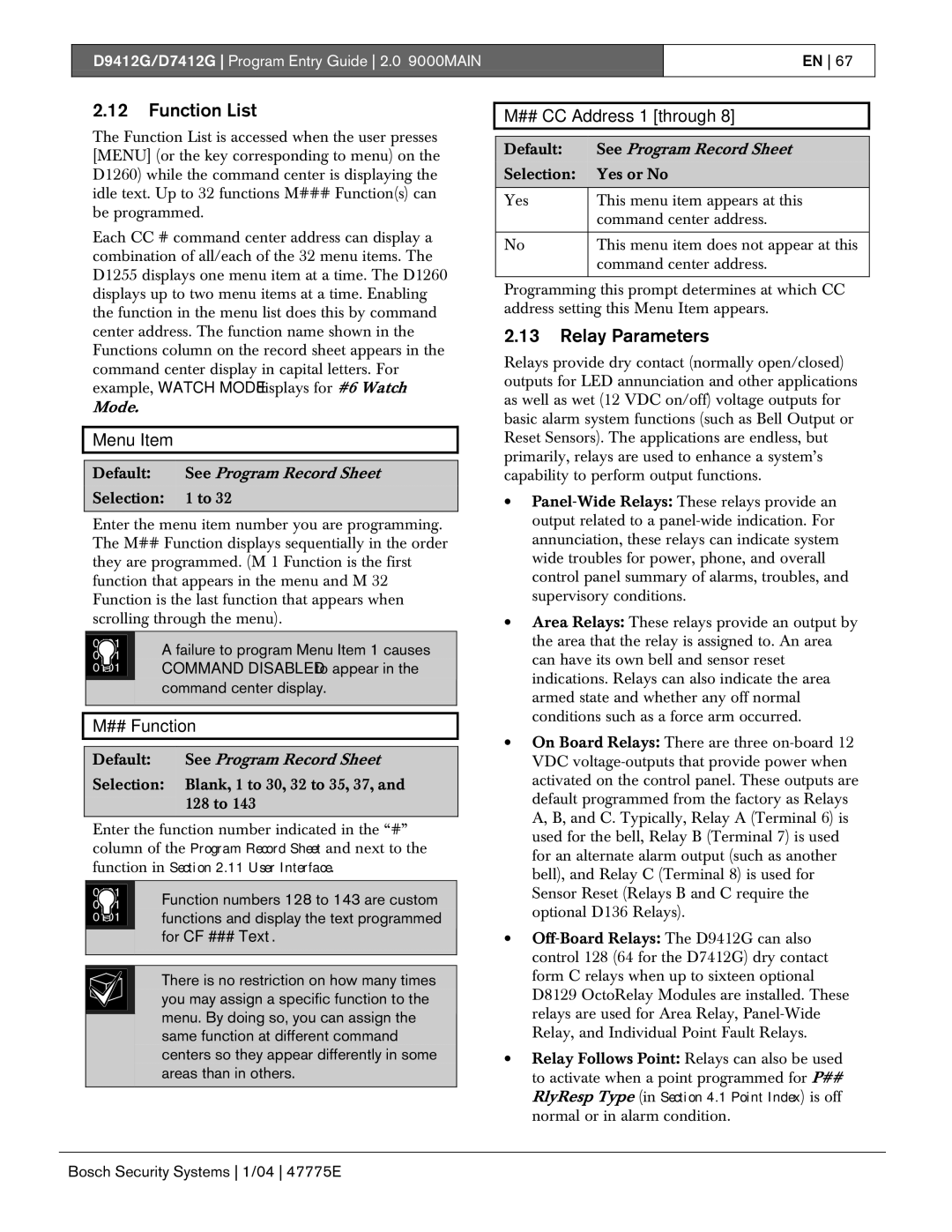 Bosch Appliances D7412G, D9412G manual Function List, Relay Parameters, Menu Item, ## Function, ## CC Address 1 through 