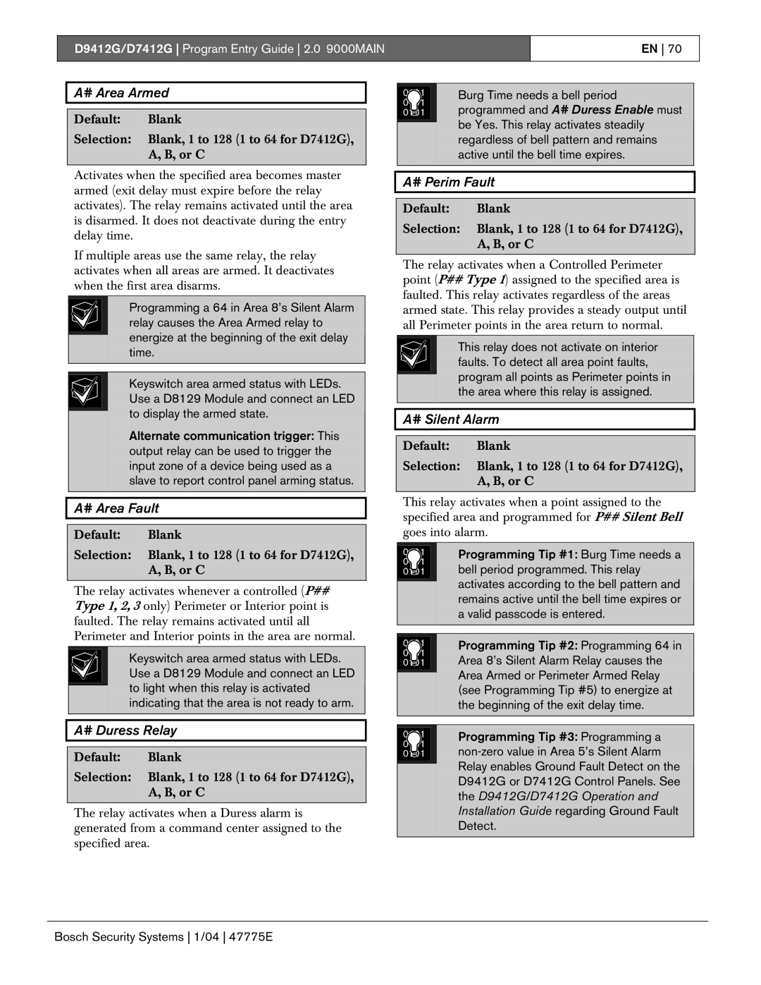 Bosch Appliances D9412G, D7412G manual # Area Armed, # Area Fault, # Duress Relay, # Perim Fault, # Silent Alarm 