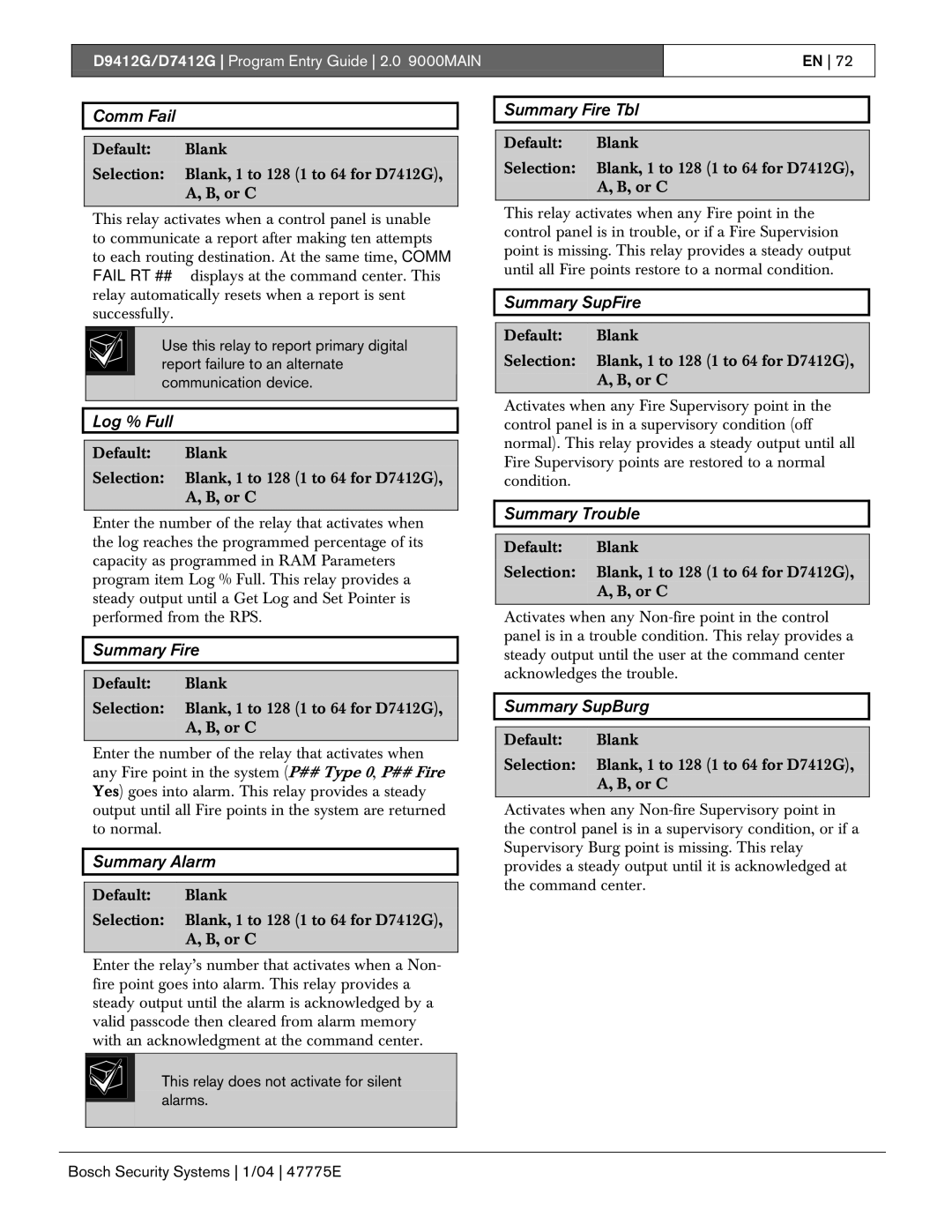 Bosch Appliances D9412G Comm Fail, Summary Alarm, Summary Fire Tbl, Summary SupFire, Summary Trouble, Summary SupBurg 