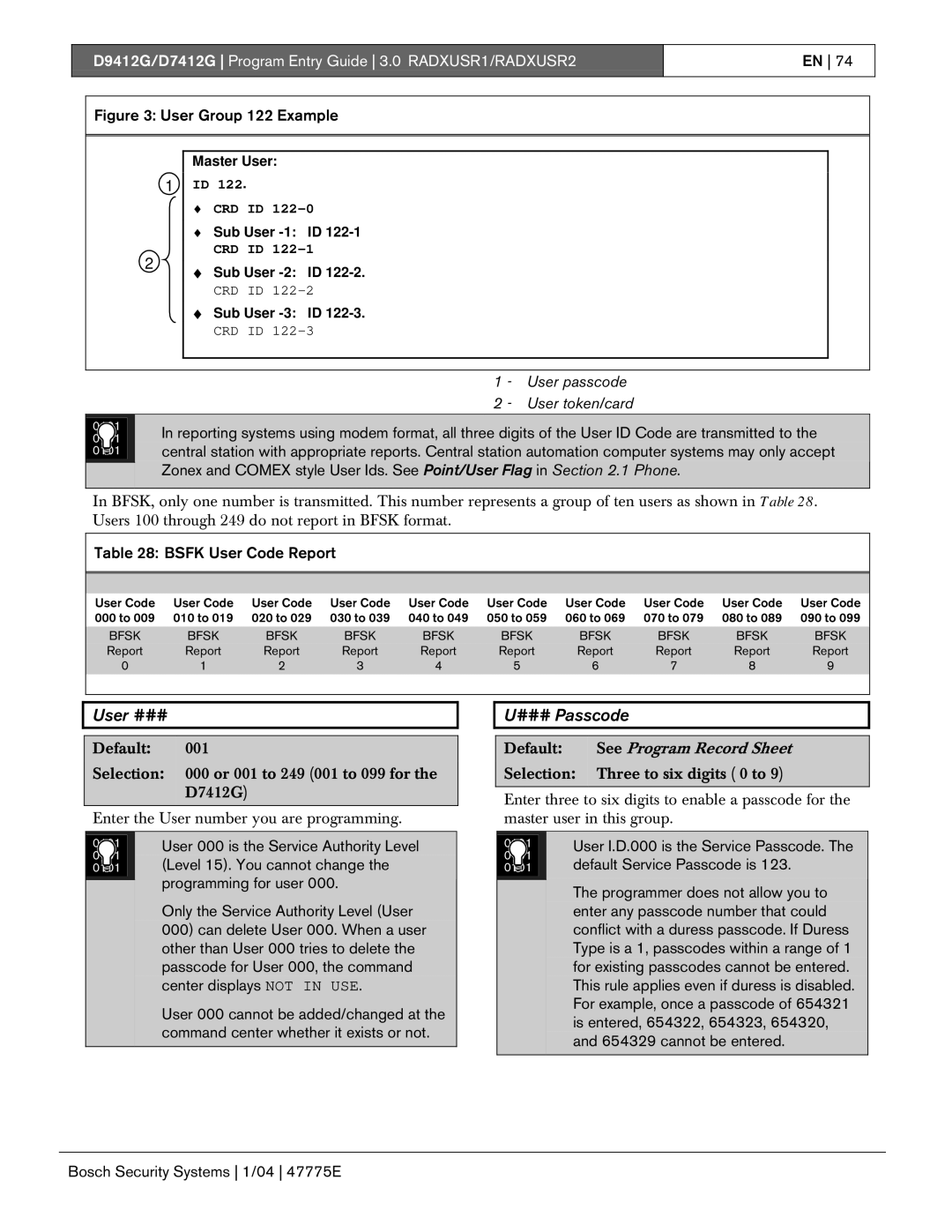 Bosch Appliances D9412G, D7412G manual User ###, ### Passcode, User passcode User token/card 