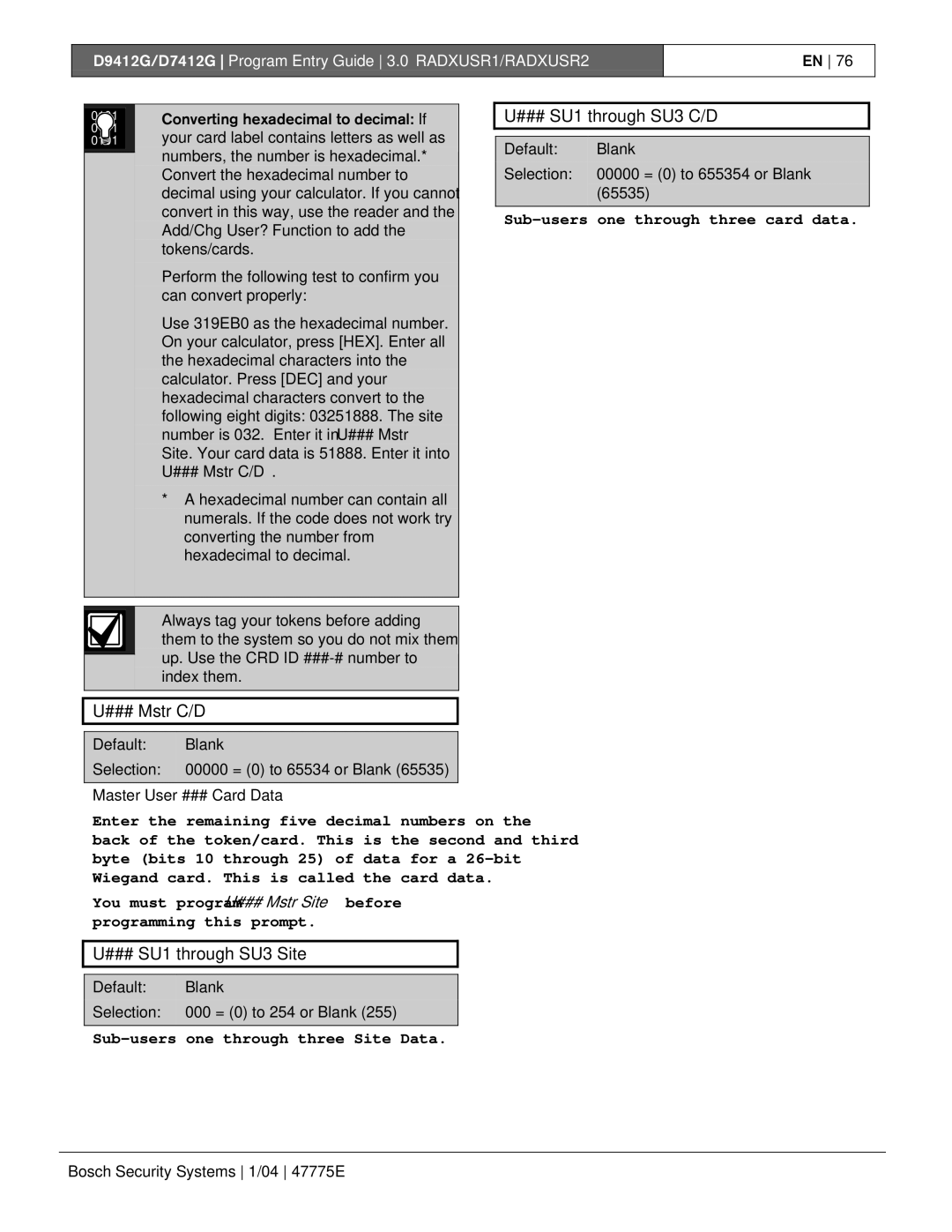 Bosch Appliances D9412G, D7412G manual ### Mstr C/D, ### SU1 through SU3 Site, ### SU1 through SU3 C/D 