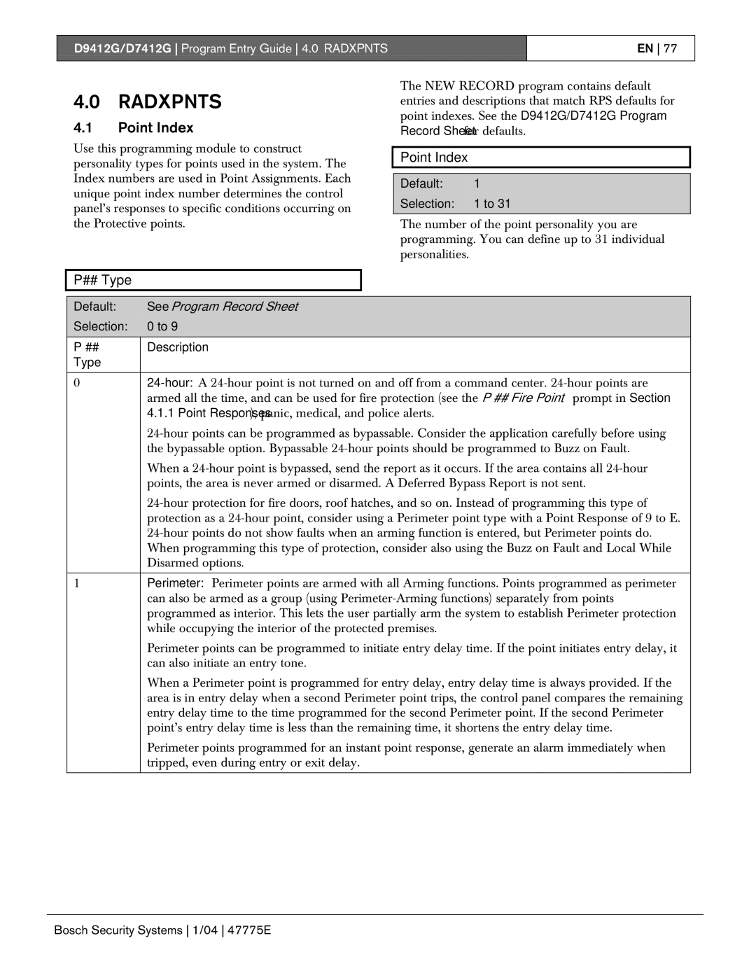 Bosch Appliances D7412G, D9412G manual Point Index, ## Type 