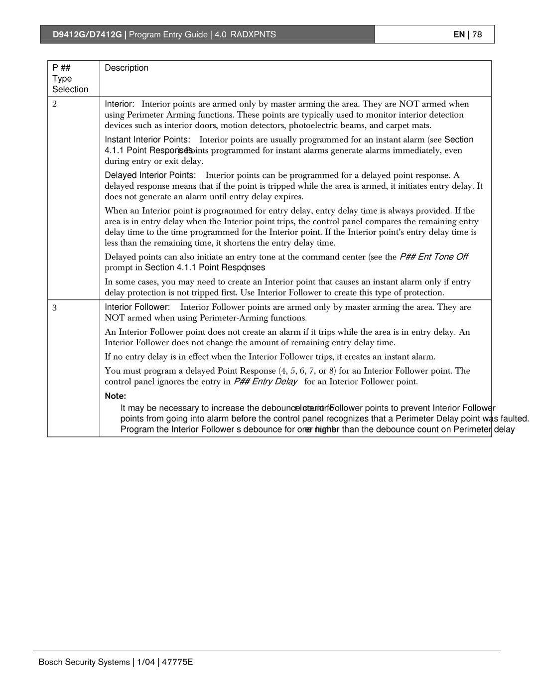 Bosch Appliances manual D9412G/D7412G Program Entry Guide 4.0 Radxpnts 