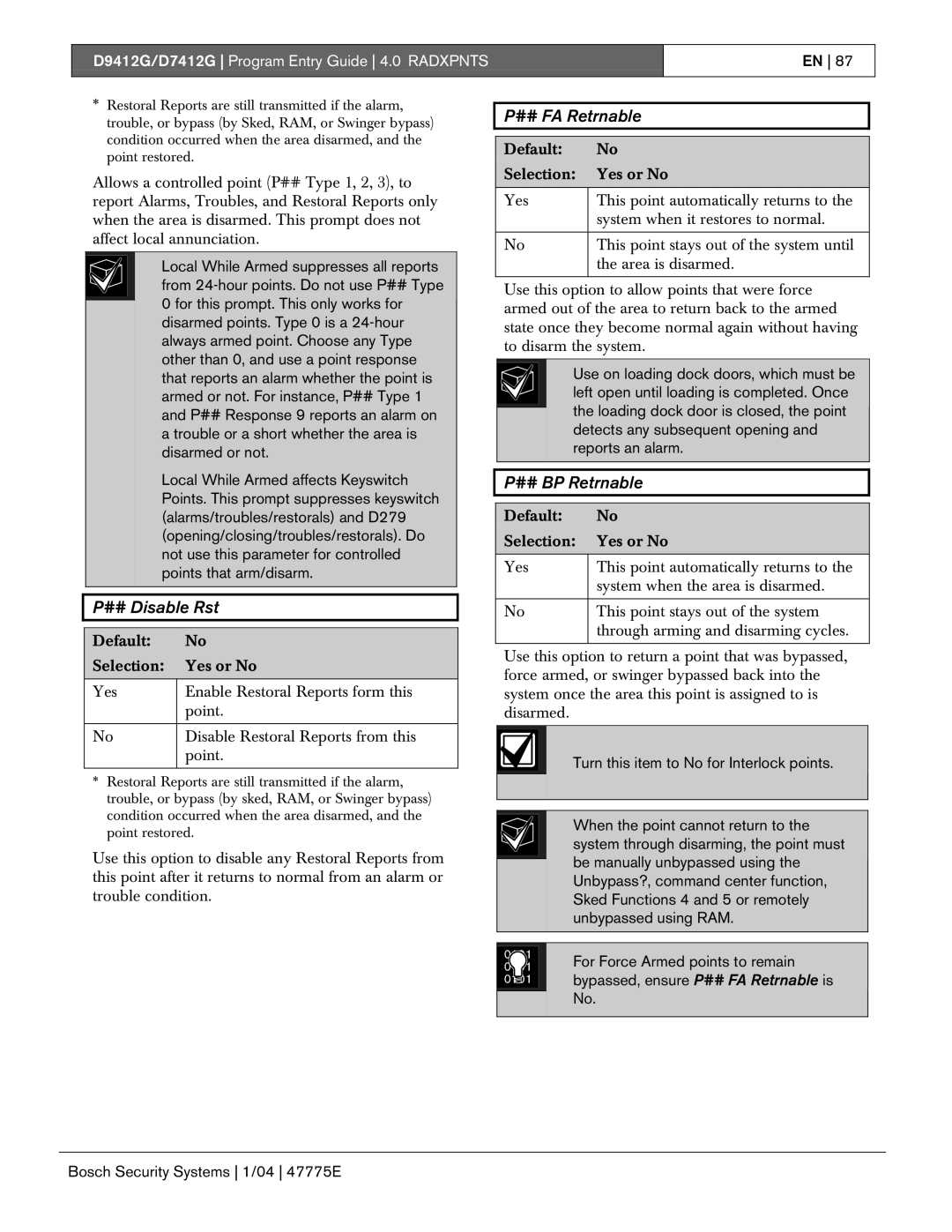 Bosch Appliances D7412G, D9412G manual ## Disable Rst, ## FA Retrnable, ## BP Retrnable 