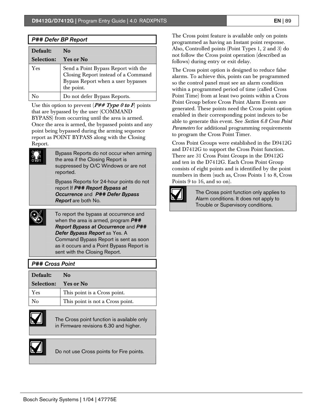 Bosch Appliances D7412G, D9412G manual ## Defer BP Report, ## Cross Point, Area if the Closing Report is, Reported 