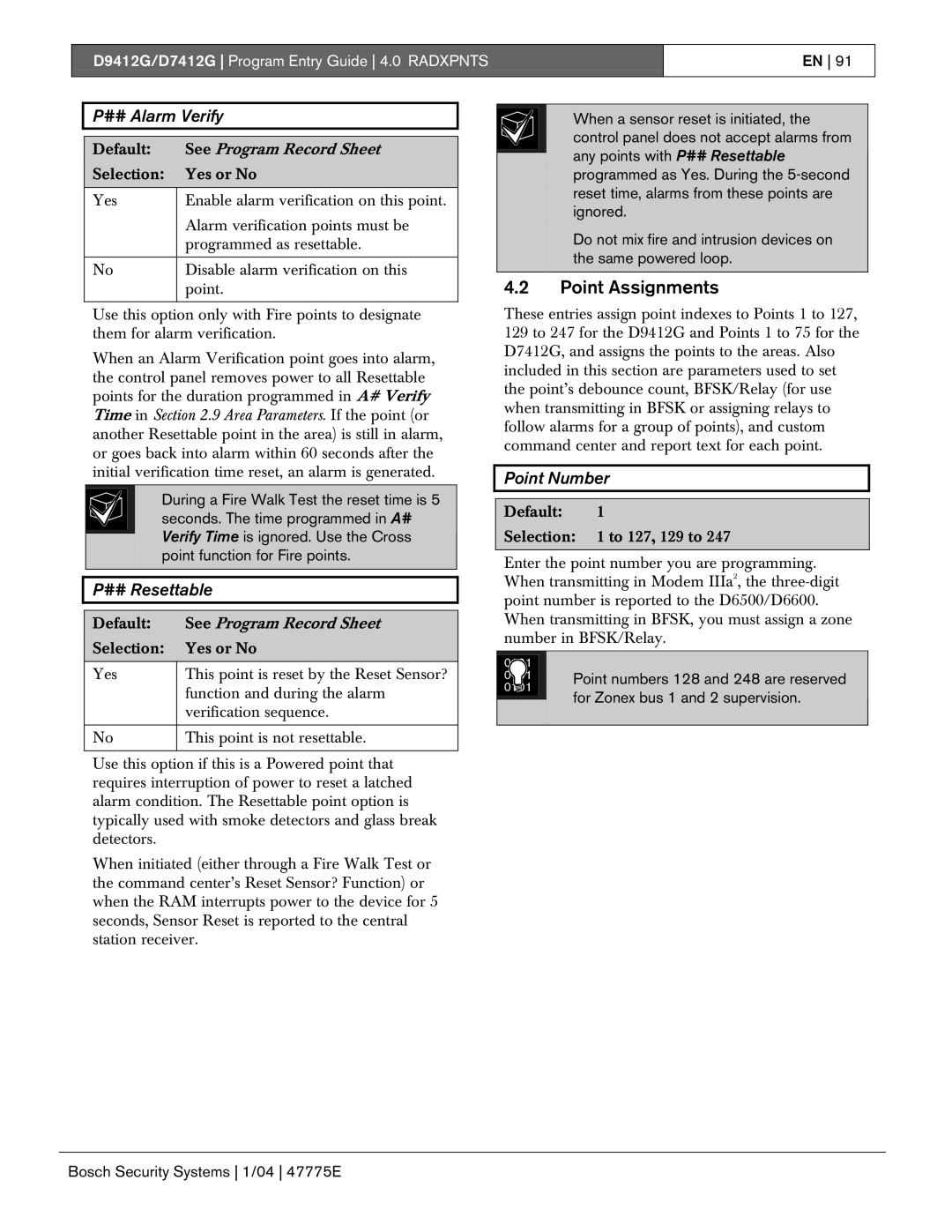 Bosch Appliances D7412G, D9412G manual Point Assignments, ## Alarm Verify, ## Resettable, Point Number 