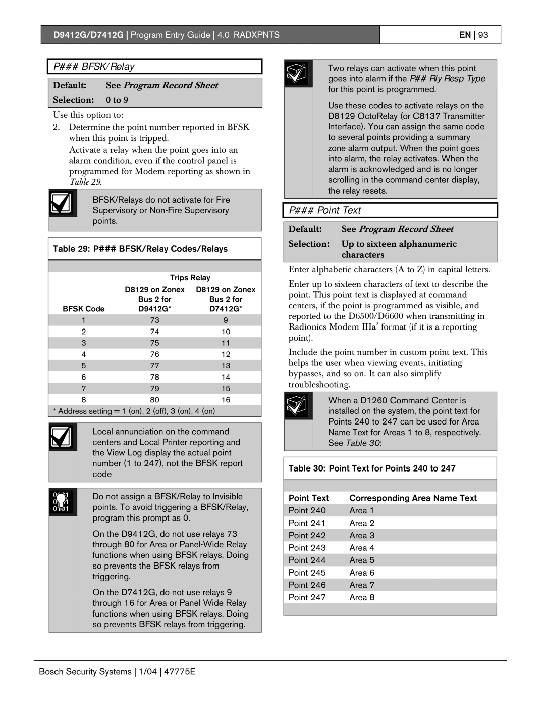 Bosch Appliances D7412G, D9412G manual ### BFSK/Relay, ### Point Text, Program this prompt as 